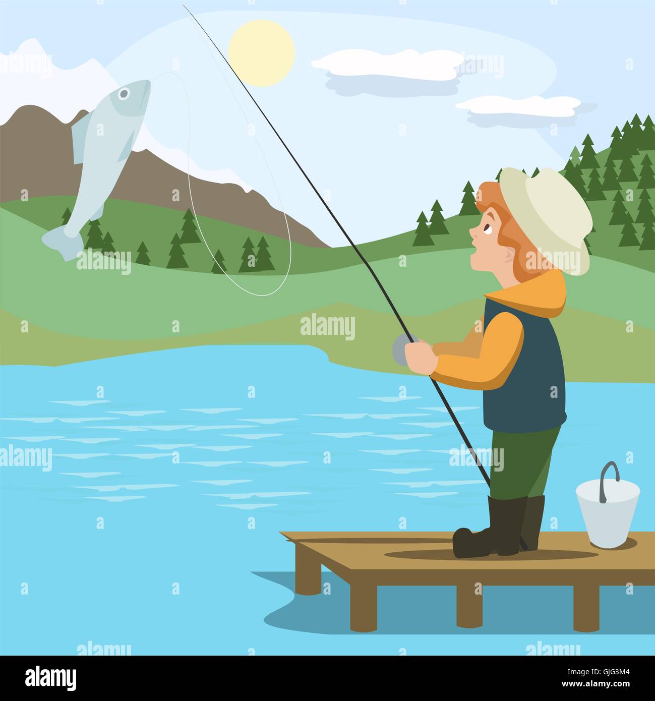 junge Fische fangen mit Stab - bunte Vektor-Cartoon illustration Stock Vektor