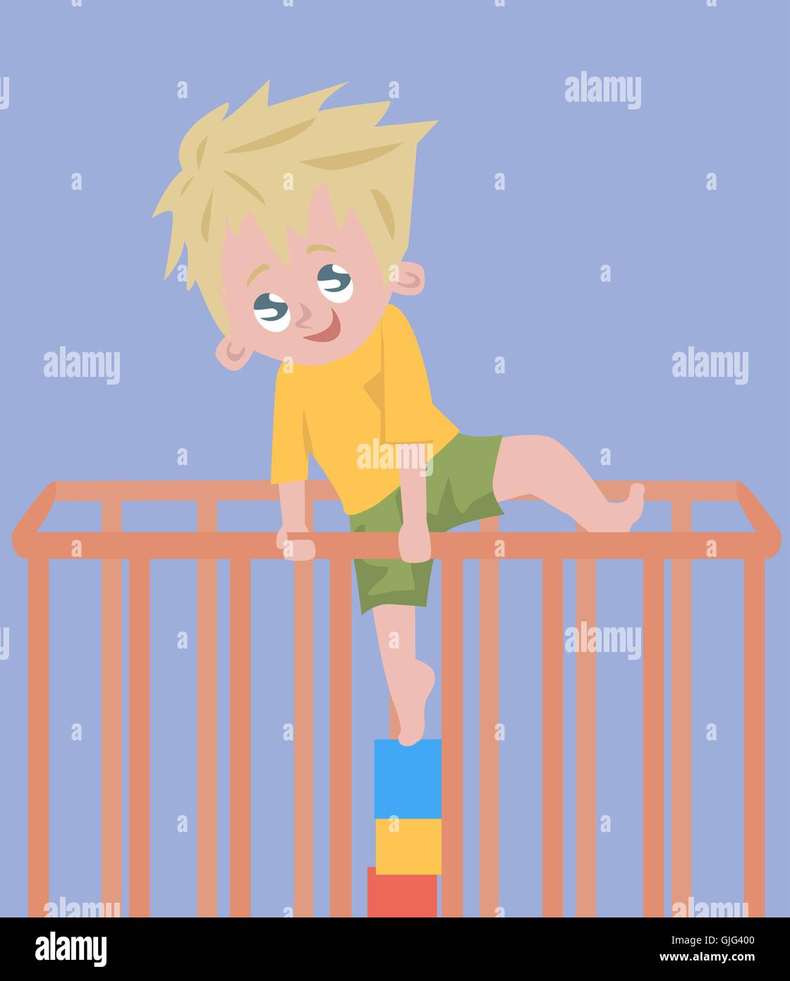 Baby Junge versucht zu klettern aus Laufstall - lustige Comic-illustration Stock Vektor