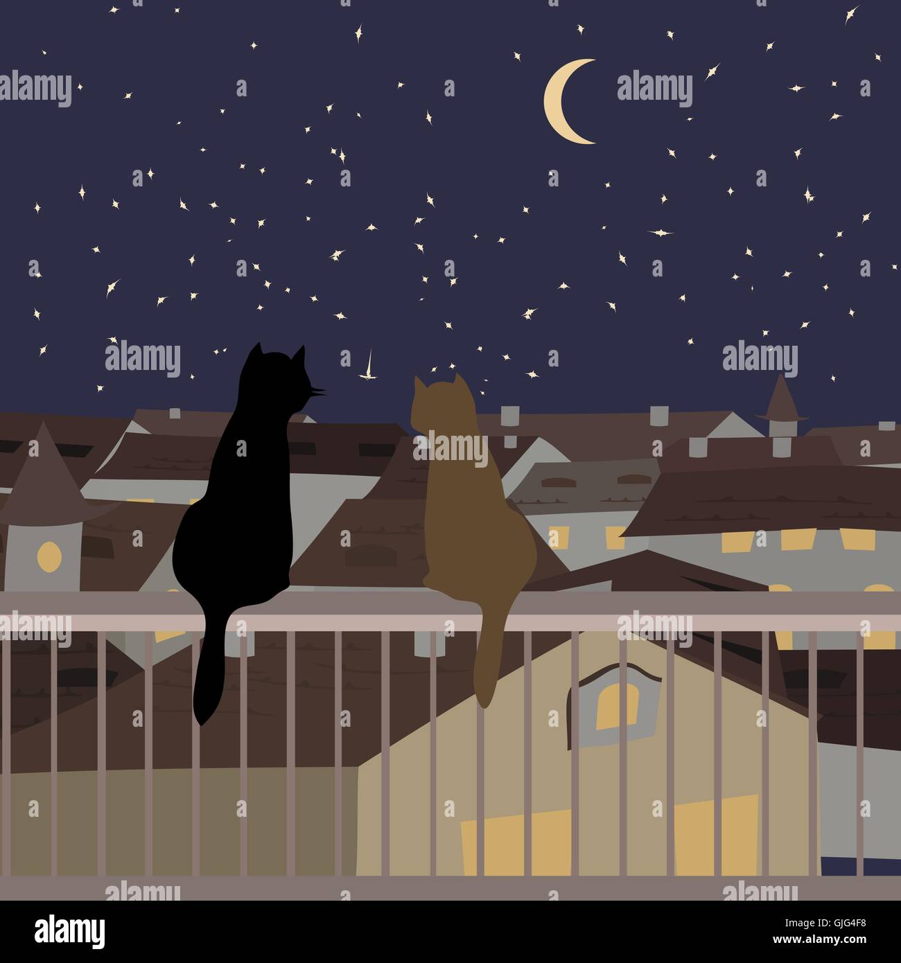 alte Stadt Nacht Blick vom Dach - niedliche Vektor-Illustration mit Katzen Stock Vektor