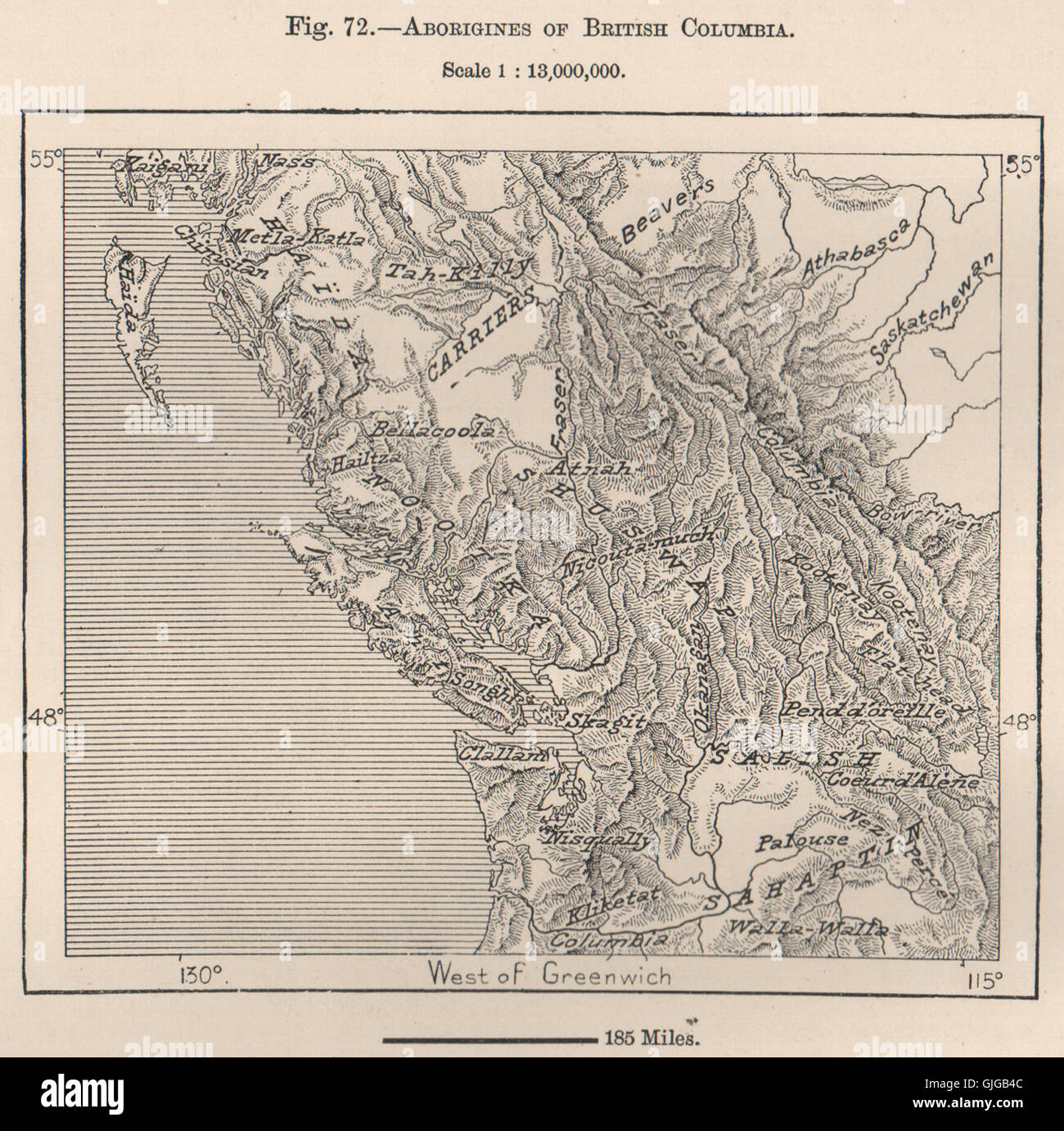 Aborigines/Native Amerika von British Columbia. Kanada, 1885 Antike Landkarte Stockfoto