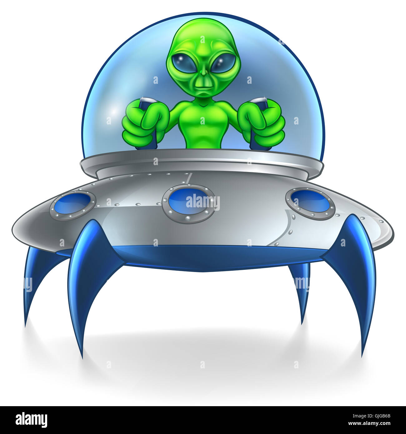 Eine kleine grüne Mann alien Zeichentrickfigur Pilotierung eine fliegende seines Raumschiffes Untertasse Stockfoto
