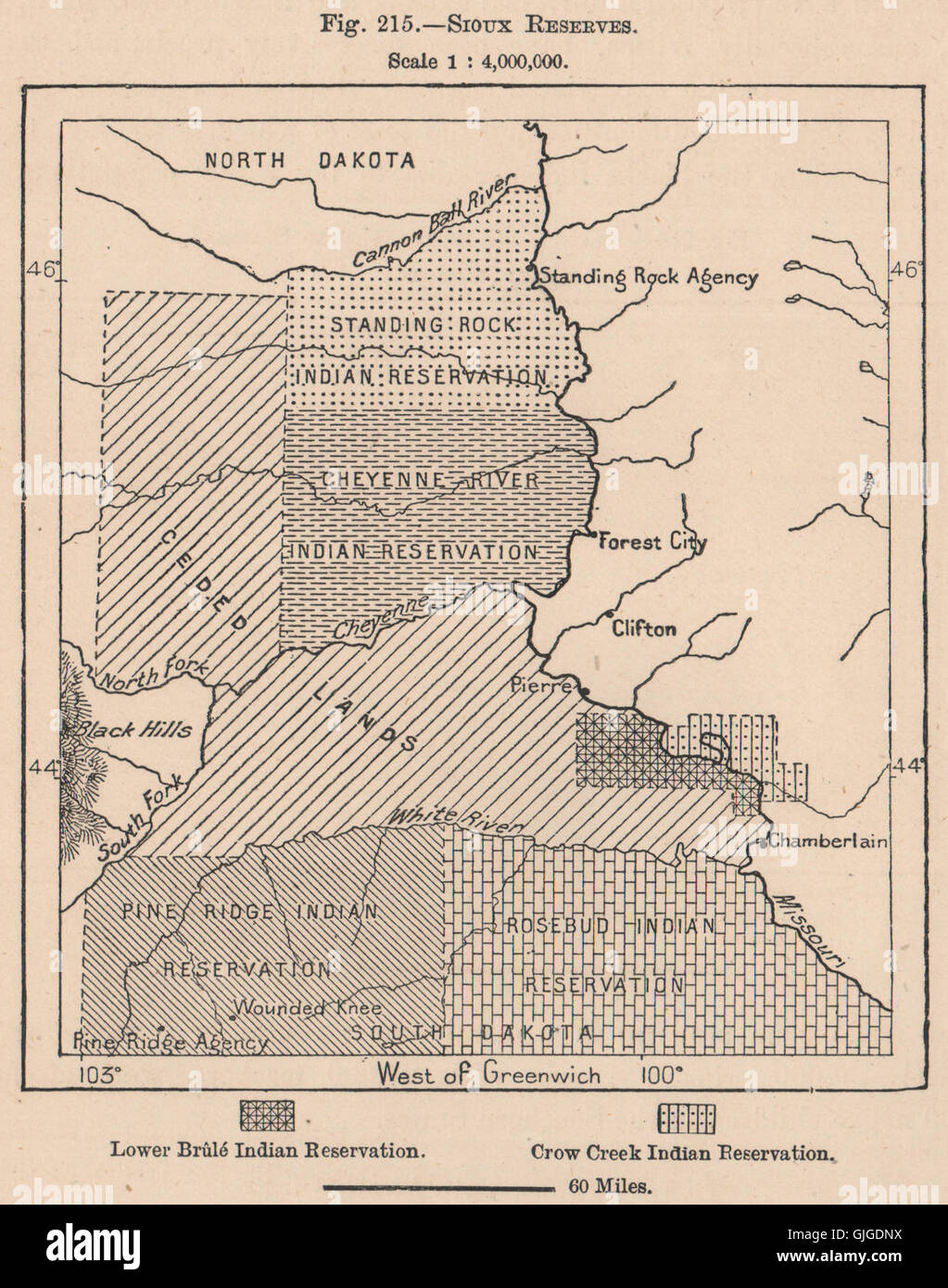 Sioux Reserven. South Dakota. Vereinigte Staaten, 1885 Antike Landkarte Stockfoto
