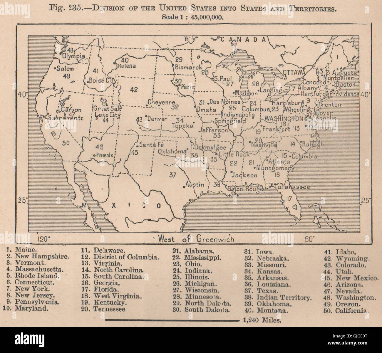 Teilung der Vereinigten Staaten in Bundesstaaten und Territorien. USA, 1885 alte Landkarte Stockfoto