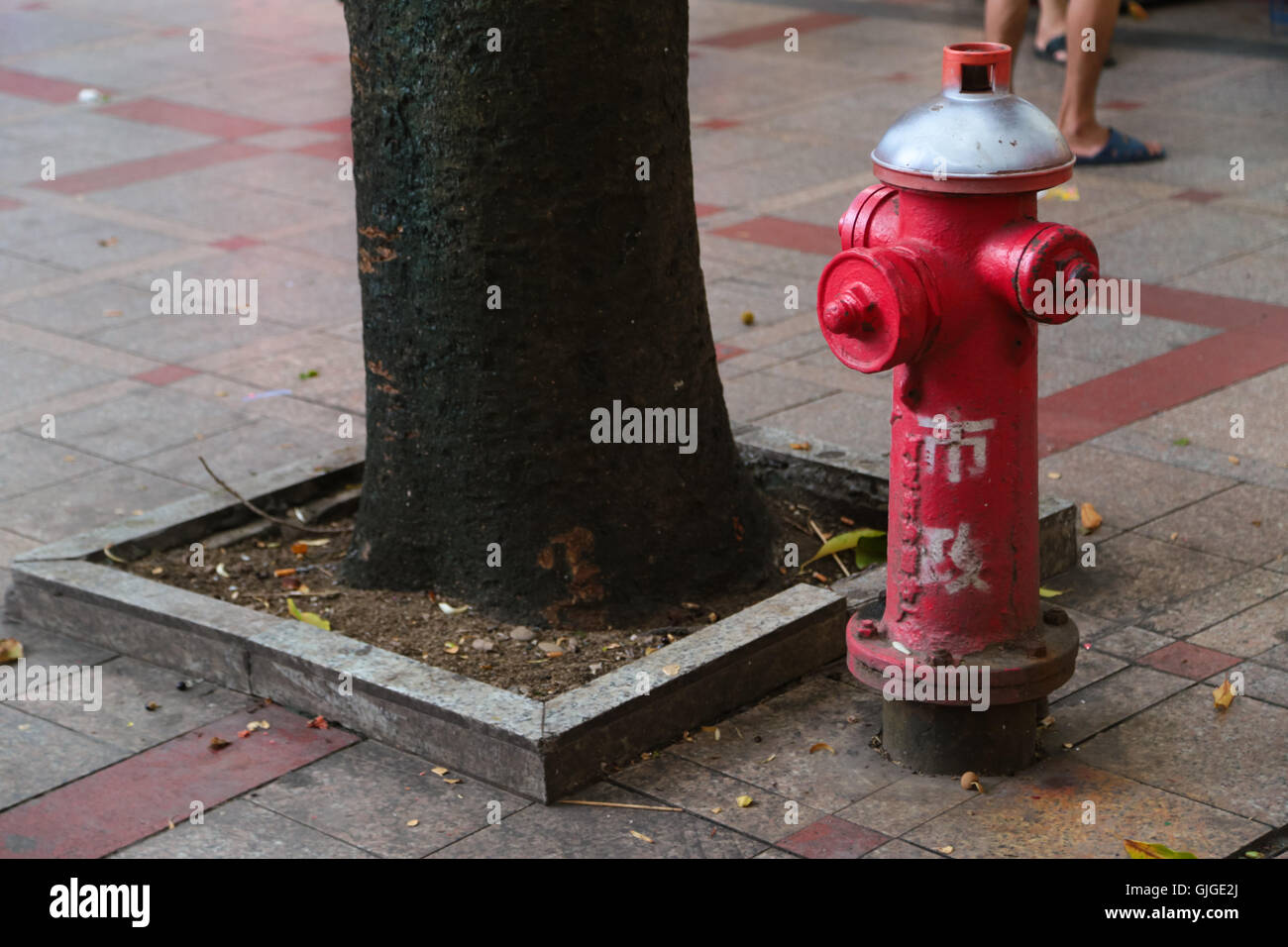 Eine rote Farbe Hydranten in Huizhou Einkaufsviertel, Huizhou, Guangdong, China. Stockfoto