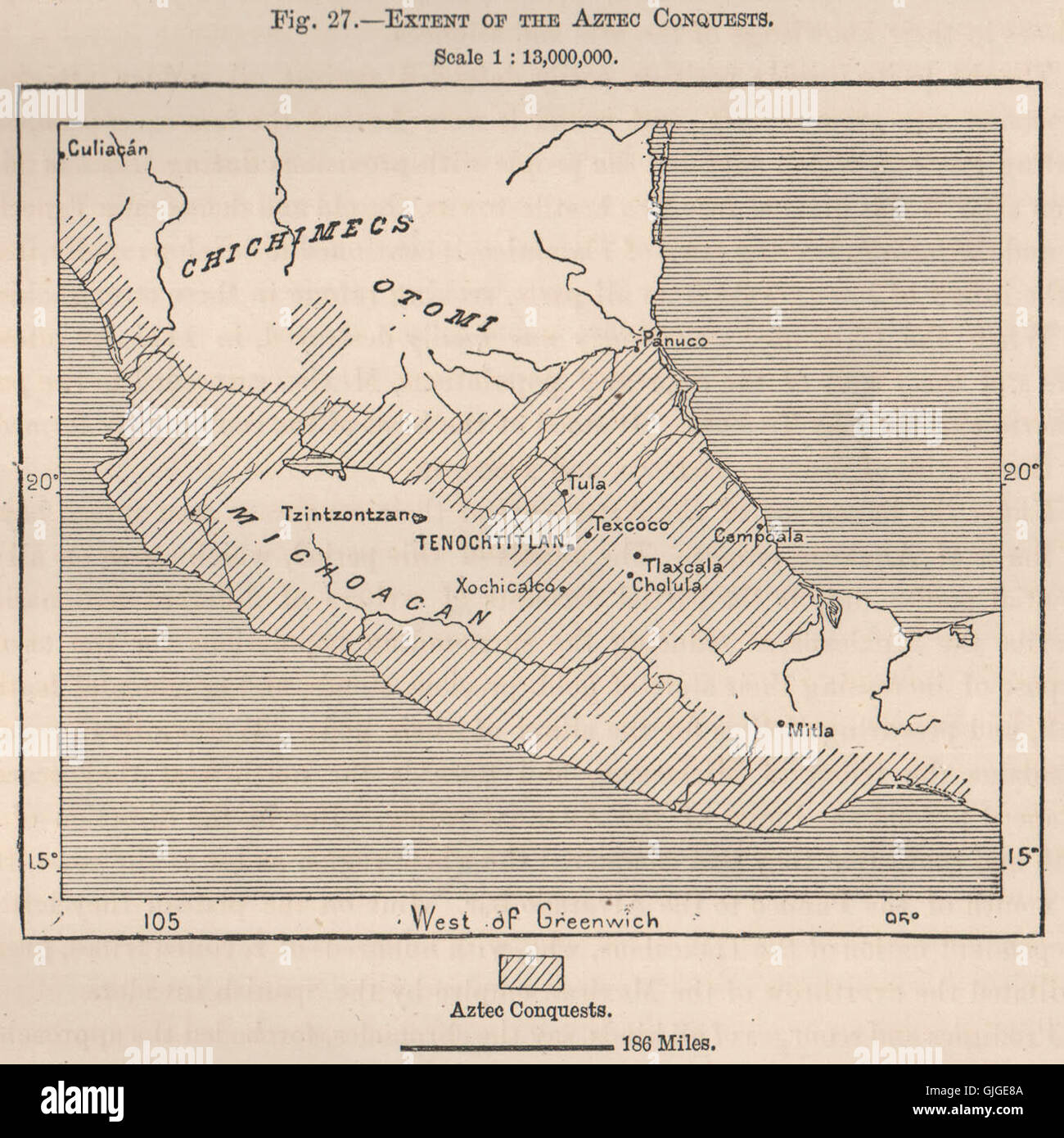 Umfang der aztekischen Eroberungen. Mexiko, 1885 Antike Landkarte Stockfoto