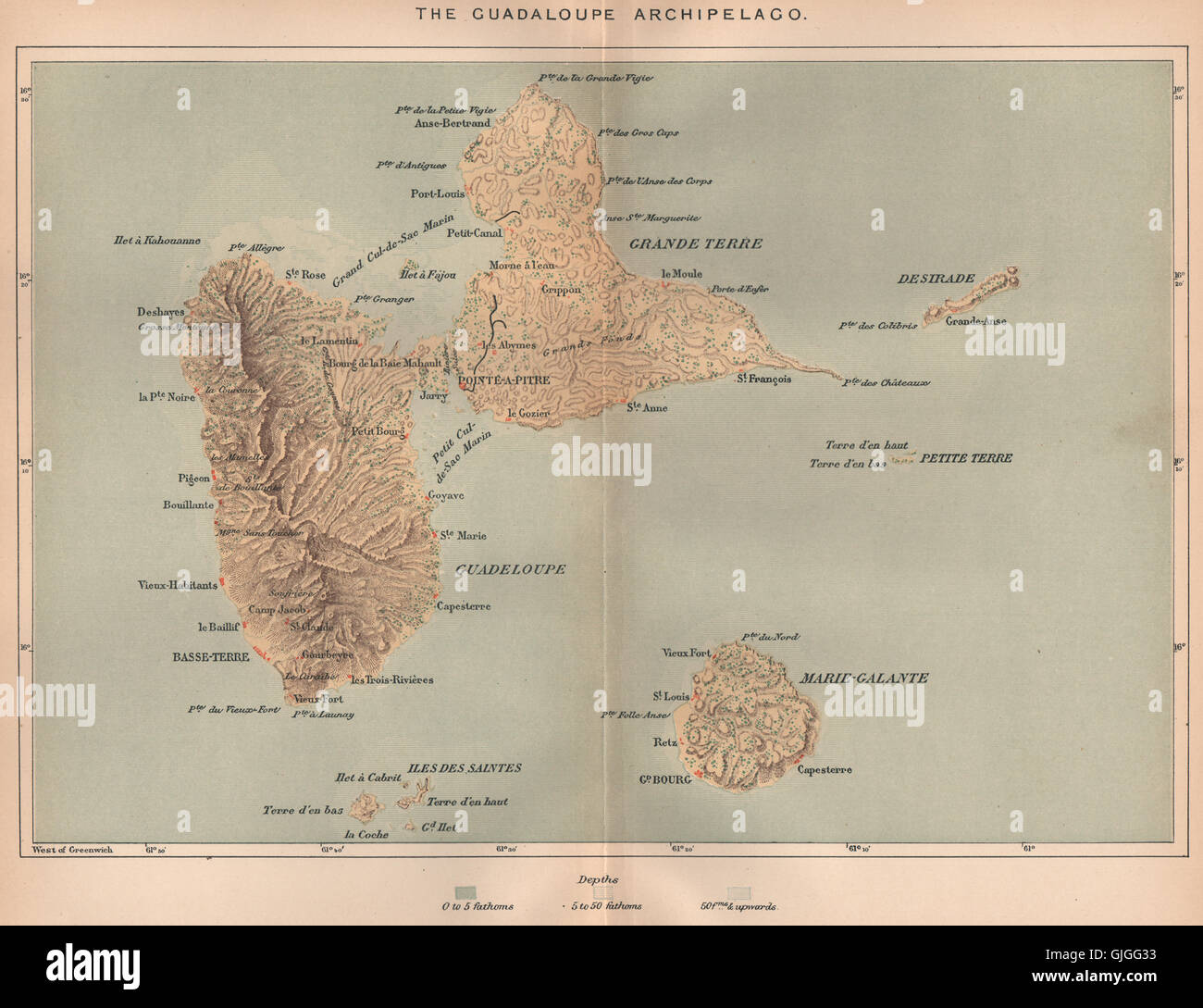 Guadeloupe Archipel. Marie-Galante Iles de Saintes. Kleine Antillen 1885 Karte Stockfoto