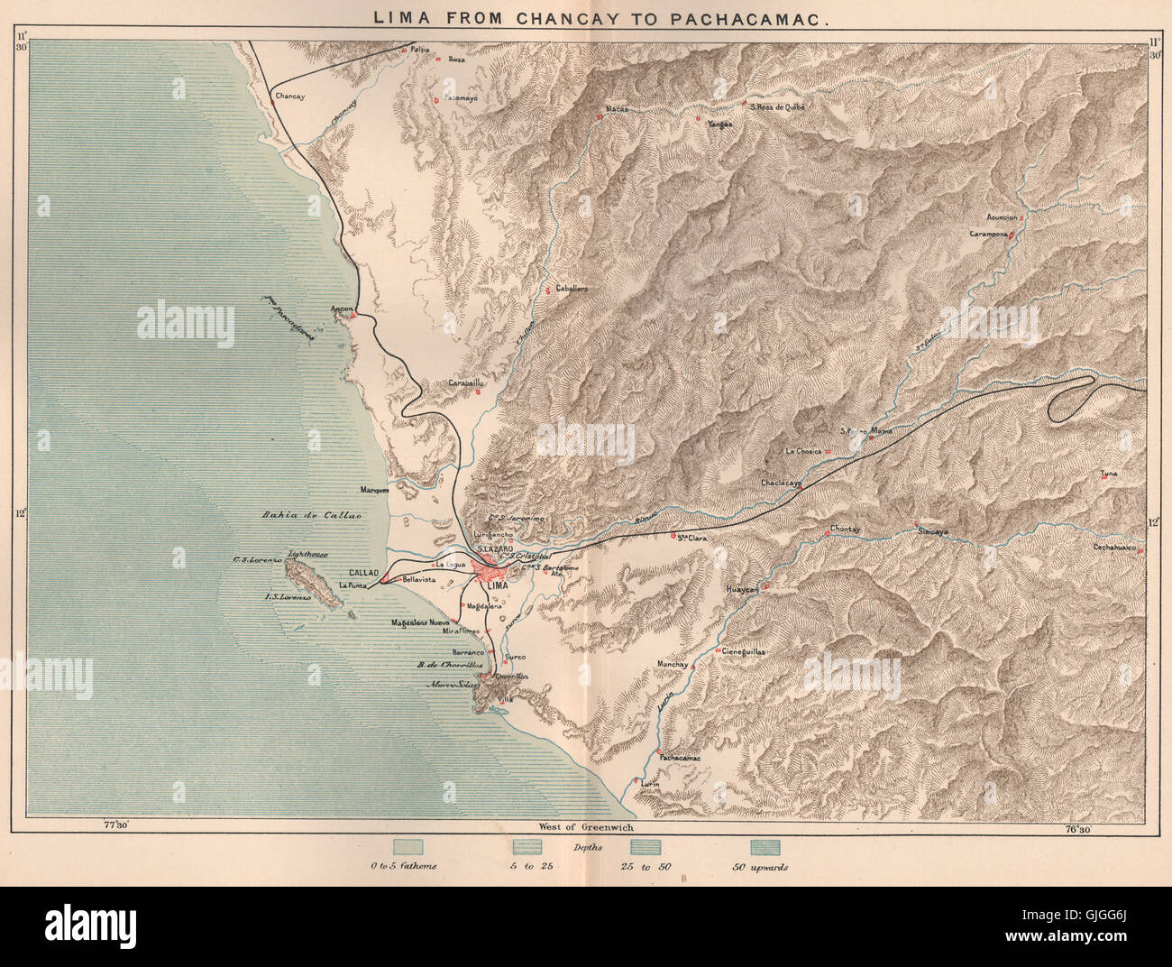 Lima, Callao & Umgebung. Chancy, Pachacamac. Peru, 1885 Antike Landkarte Stockfoto