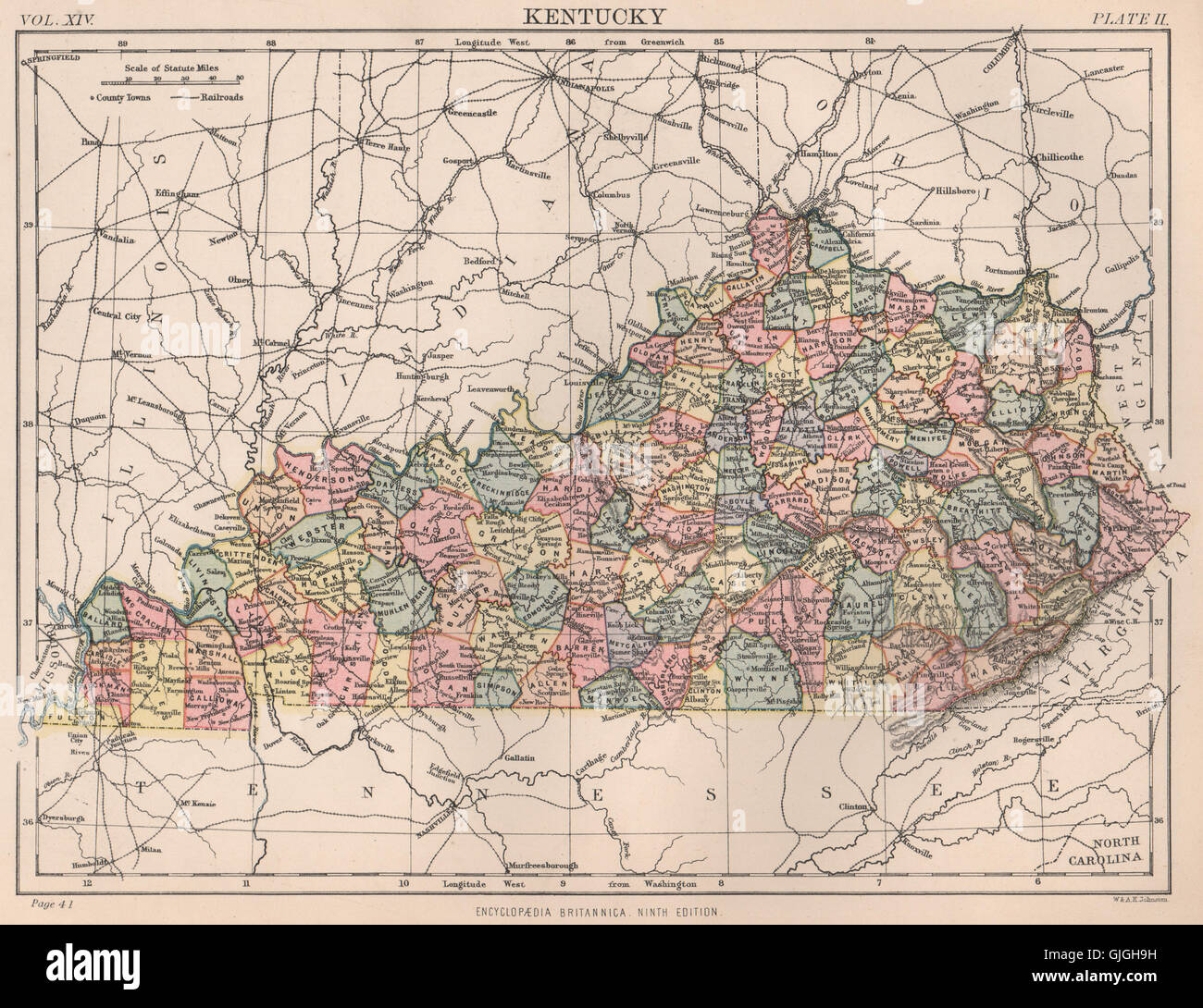 KENTUCKY State Karte. Grafschaften. BRITANNICA, 1898 Stockfoto