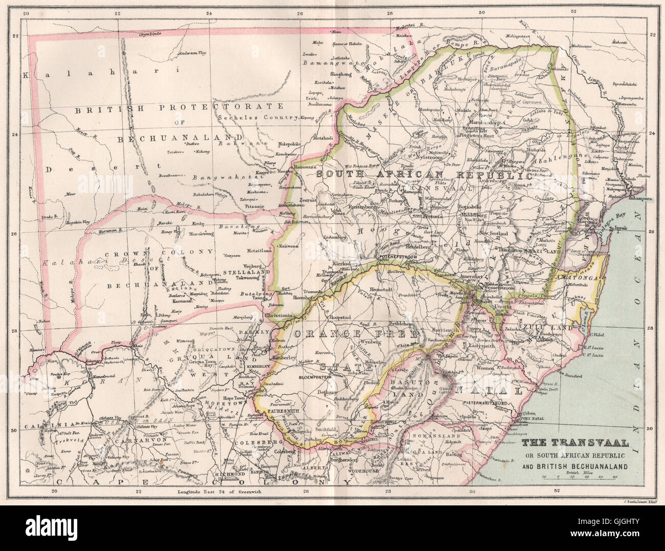 Transvaal oder Südafrikanische Republik & britische Betschuanaland (Botswana), 1886-Karte Stockfoto