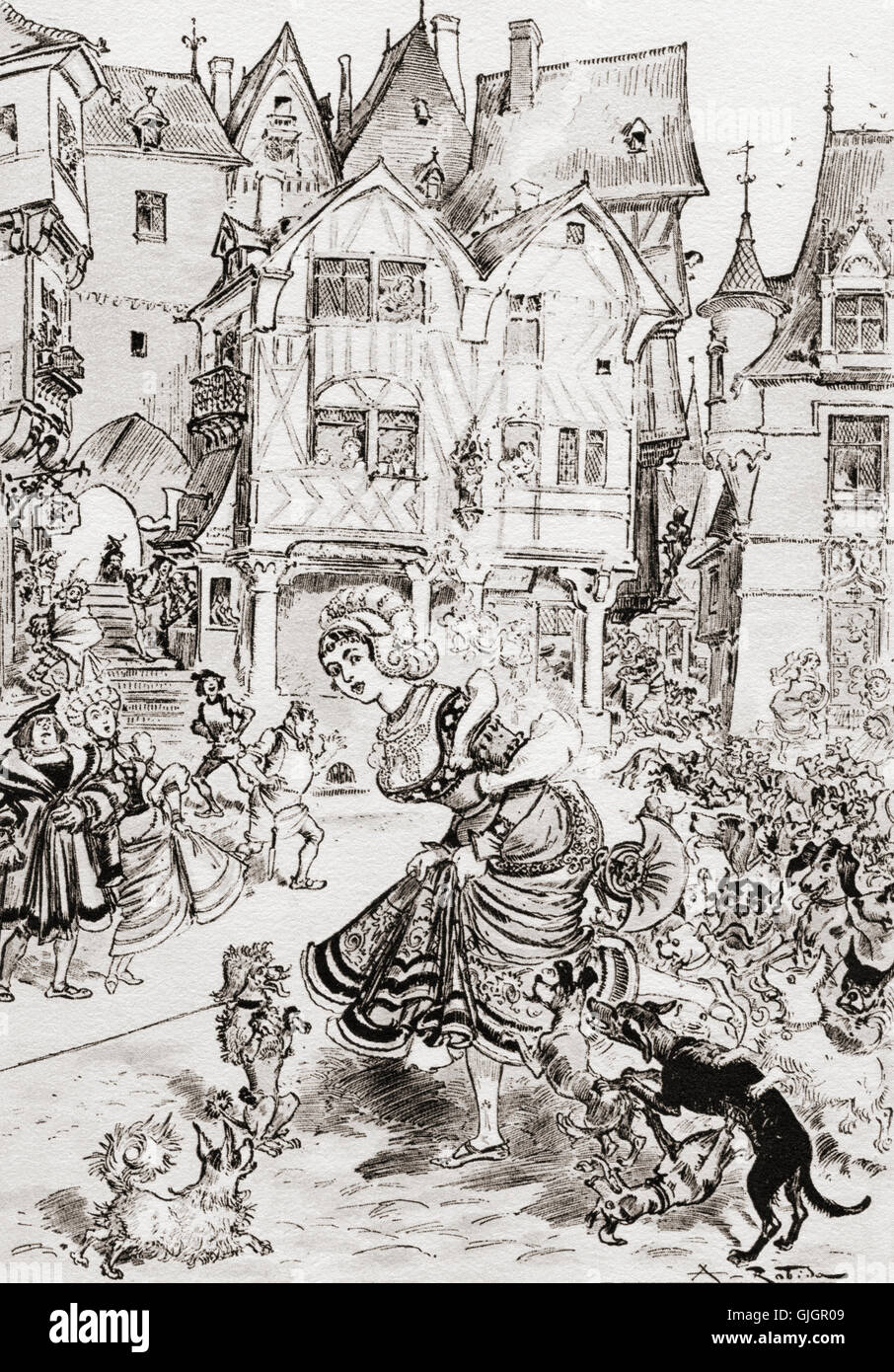 Mesaventure d ' une Haute-Dame de Paris oder das Unglück eine hohe Dame von Paris.  Nach der Abbildung von Albert Robida Gargantua und Pantagruel von François Rabelais. Stockfoto