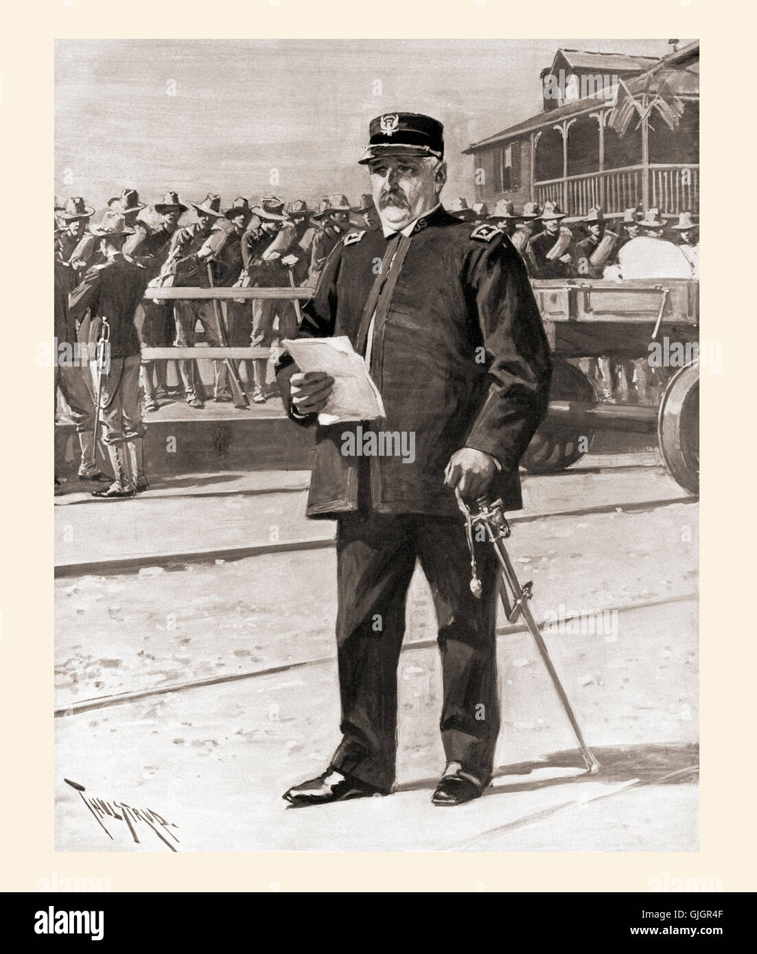 Generalmajor William Shafter Kommandeur des 5. Armeekorps, Regie die Einschiffung der Truppen am Hafen Tampa, Florida, Vereinigte Staaten von Amerika, in Vorbereitung für die Invasion von Kuba während des Spanisch-Amerikanischen Krieges von 1898.  William Rufus Shafter, 1835 – 1906. Amerikanische Major General. Stockfoto