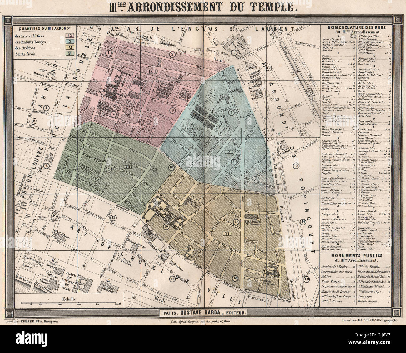 PARIS 3e 3. IIIme Arrondissement du Temple. BARBA, 1860 Antike Landkarte Stockfoto