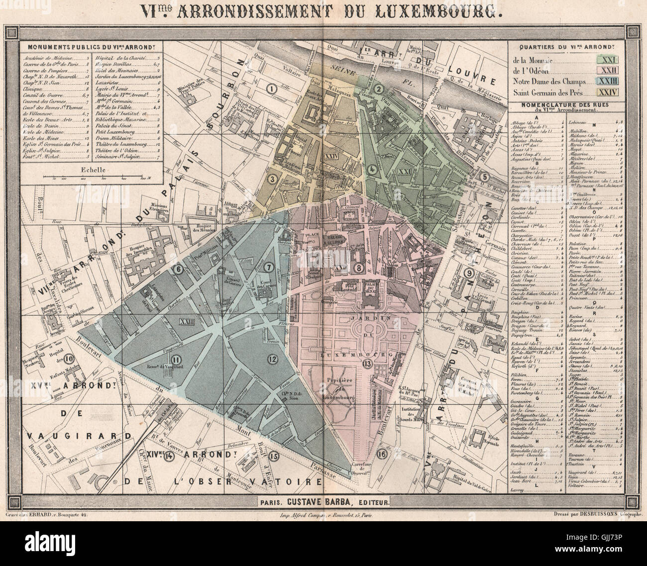 PARIS 6e 6. Vime Arrondissement du Luxembourg. BARBA, 1860 Antike Landkarte Stockfoto