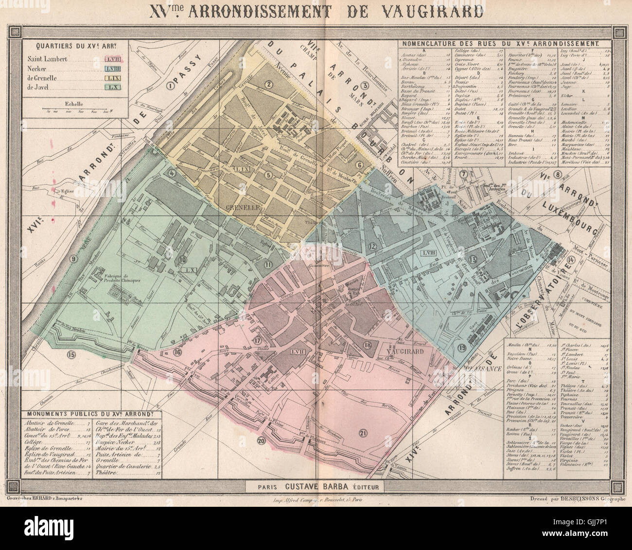 PARIS 15e 15. XVme Arrondissement de Vaugirard. BARBA, 1860 Antike Landkarte Stockfoto