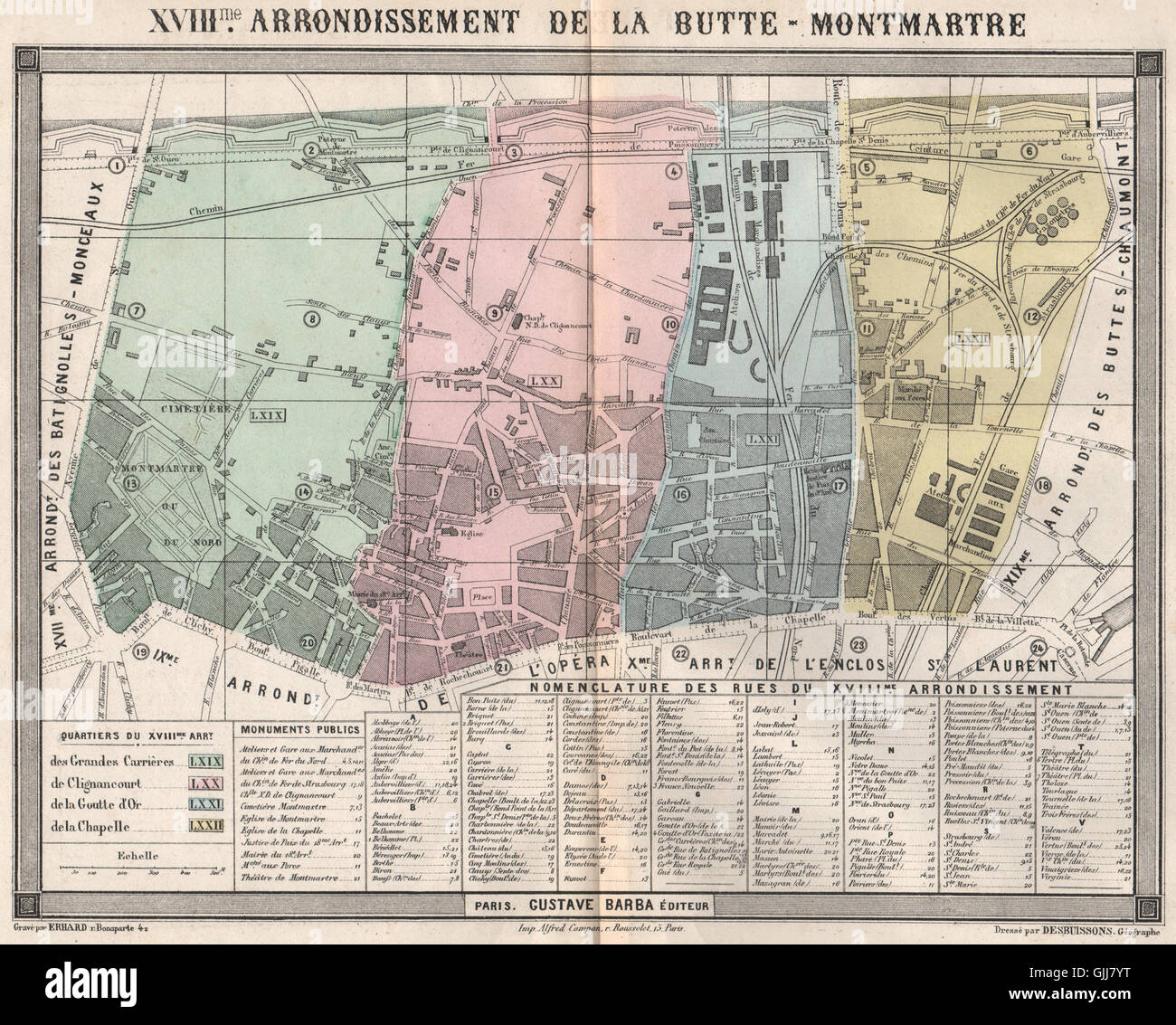 PARIS-18e 18. XVIIIme Arrondissement de la Butte Montmartre. BARBA, 1860-Karte Stockfoto