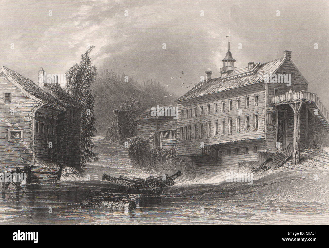Kanada. Mühlen in Sherbrooke, auf dem Fluss Magog, Quebec. Drucken Sie BARTLETT, 1842 Stockfoto