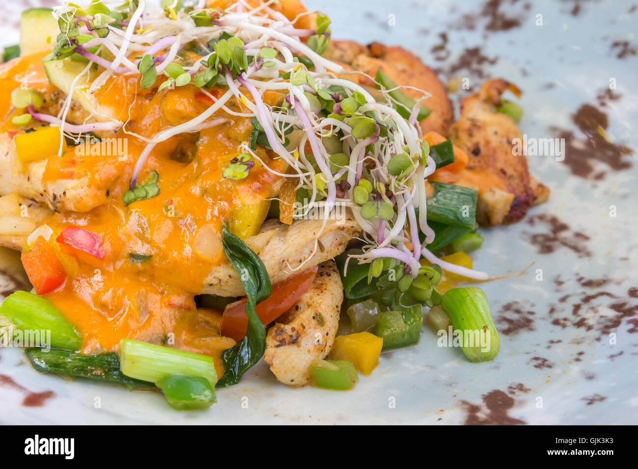 Hähnchen Bombay mit Lauch, Paprika, Sojasprossen und Luzerne Stockfoto