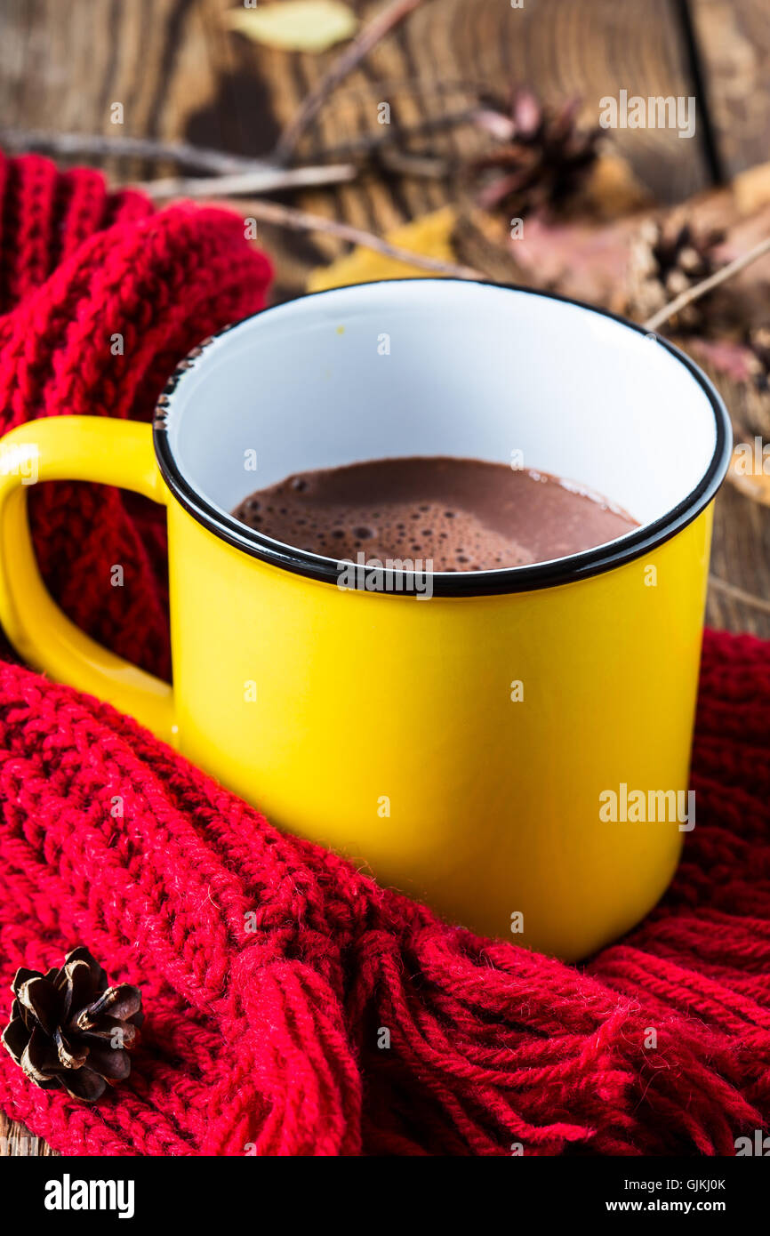 Becher voll heißer Schokolade mit Marshmallow am ein gestrickter Schal. Wärmendes Getränk für Herbst und winter Stockfoto