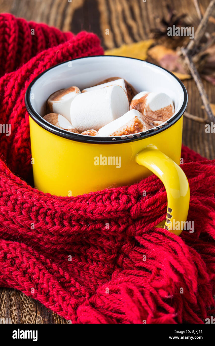 Becher voll heißer Schokolade mit Marshmallow am ein gestrickter Schal. Wärmendes Getränk für Herbst und winter Stockfoto