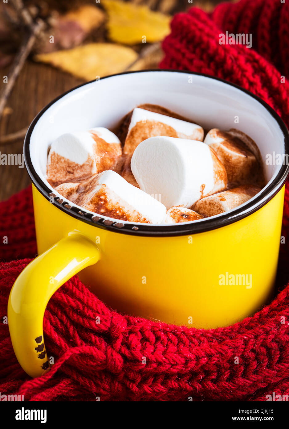 Becher voll heißer Schokolade mit Marshmallow am ein gestrickter Schal. Wärmendes Getränk für Herbst und winter Stockfoto