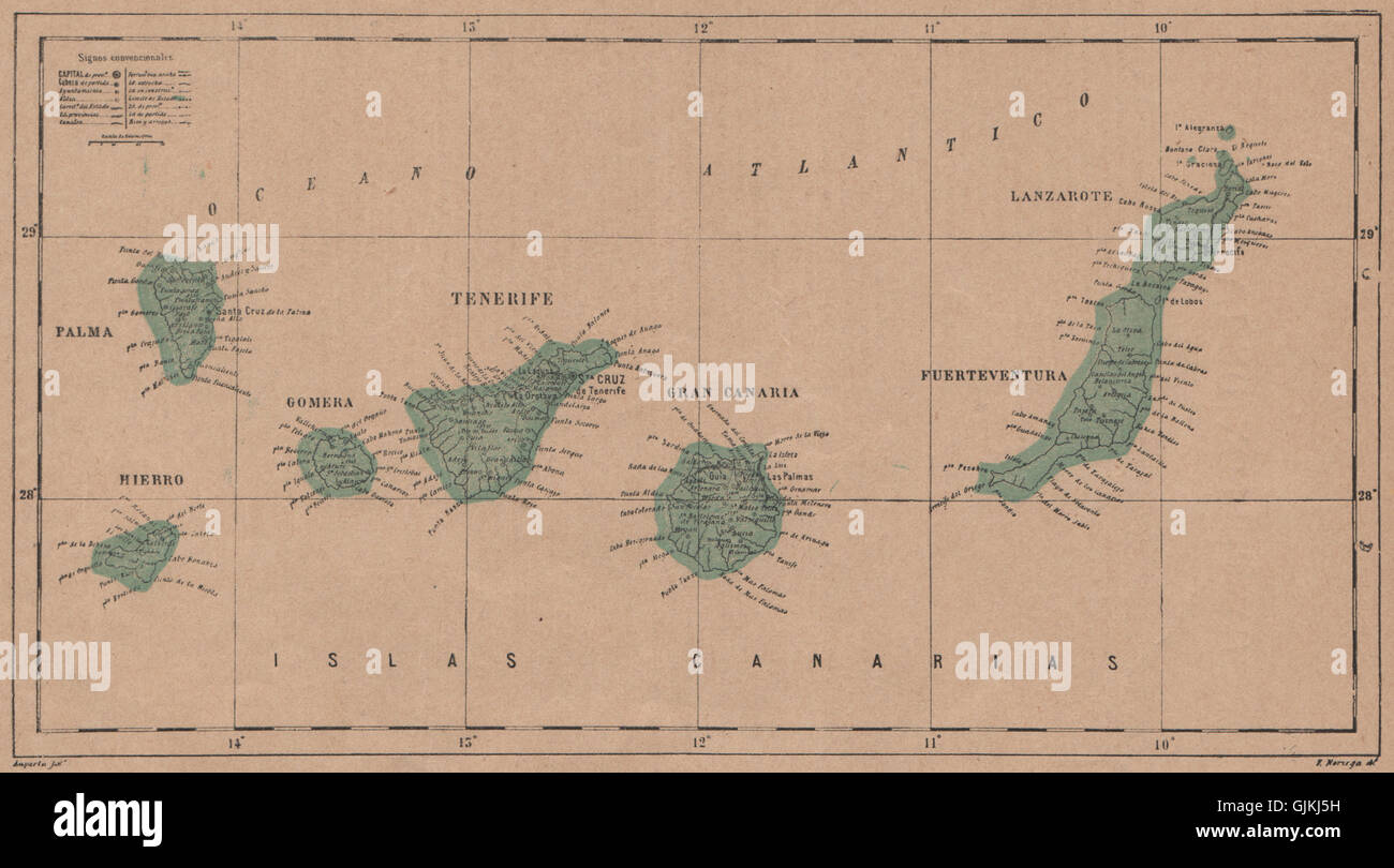 ISLAS CANARIAS. Teneriffa-Palma-Gran Canaria Fuerteventura Lanzarote, 1908-Karte Stockfoto