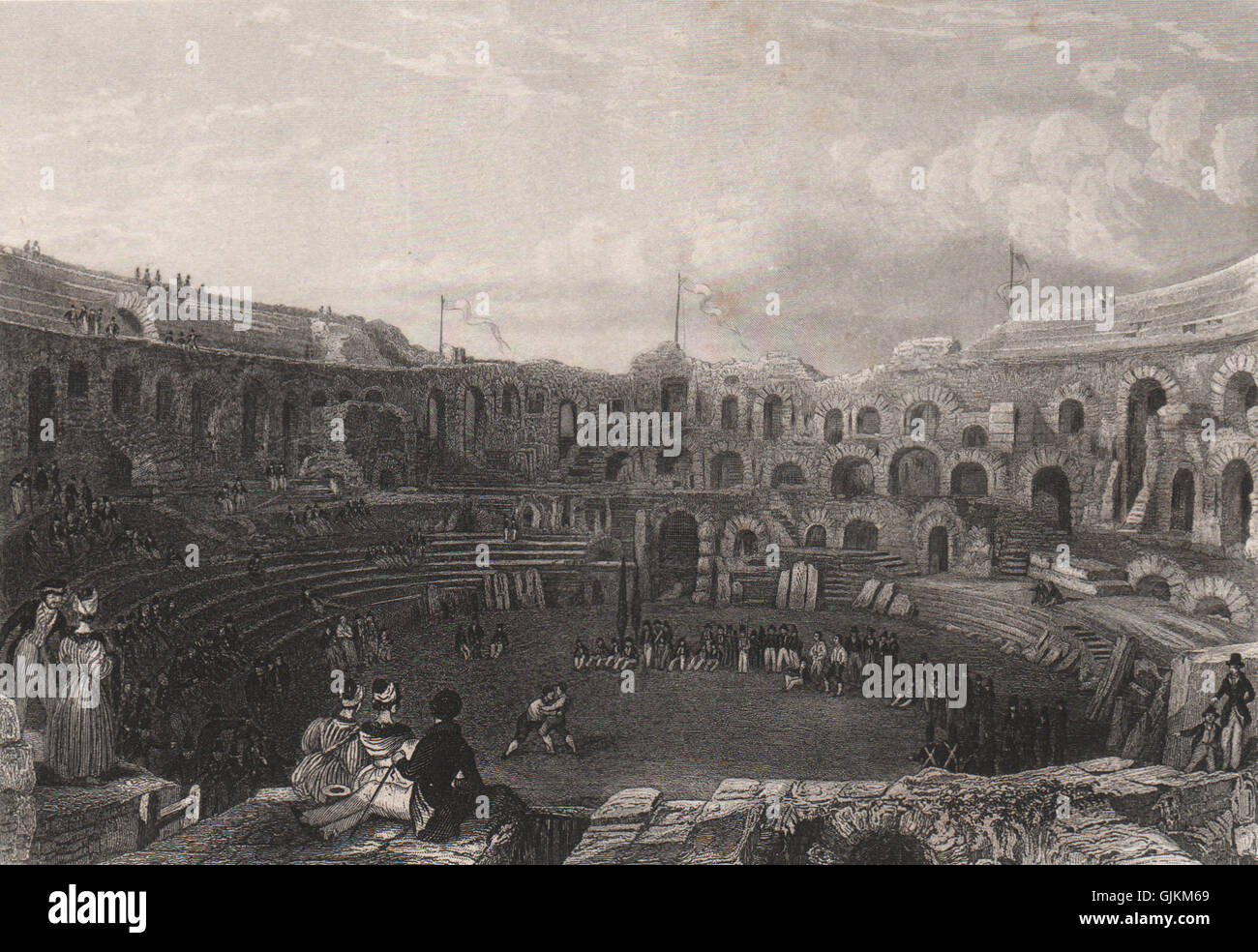 Les Arènes de NÎMES. "Nismes". Nimes. Gard, antiken print 1855 Stockfoto