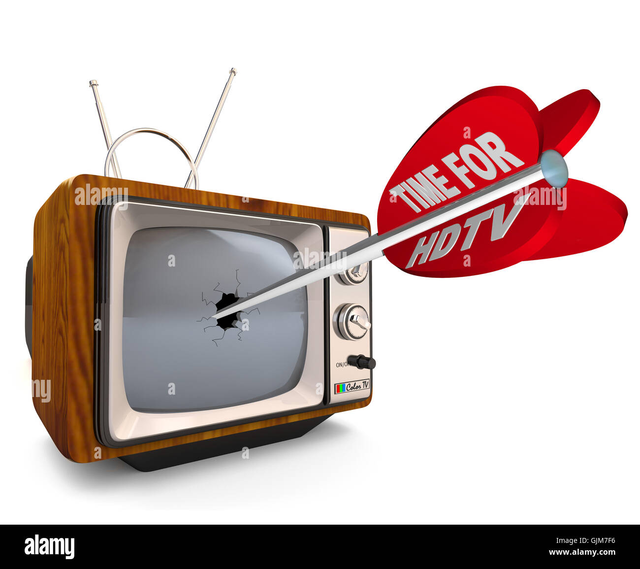 HDTV-Pfeil bricht alten CRT-TV-Fernseher Stockfoto