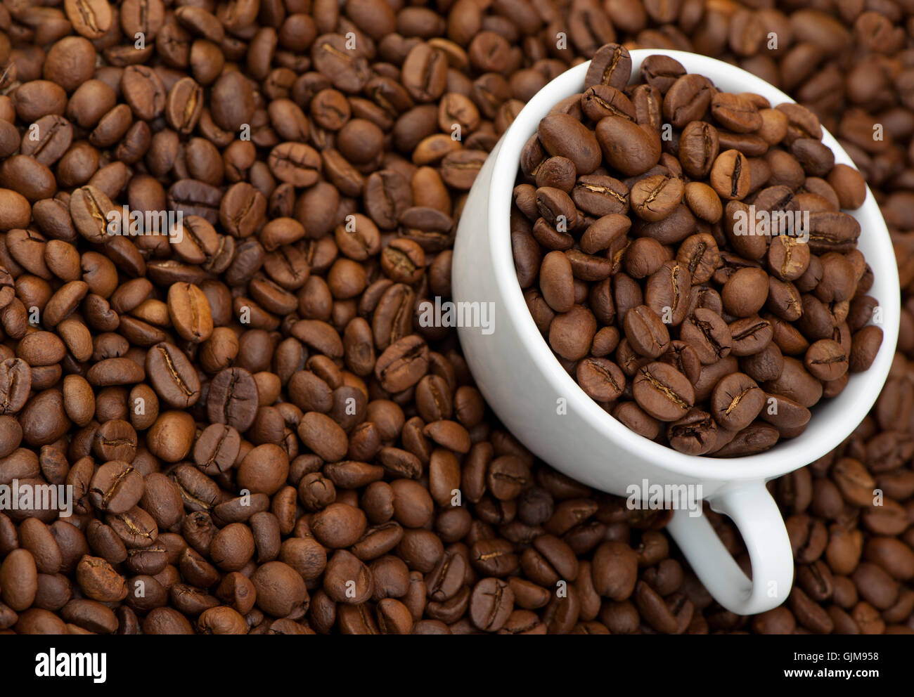 Weiße Tasse mit Kaffeekörner Stockfoto