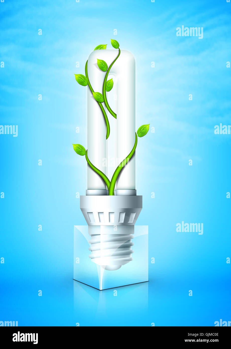 Leuchtende Glühbirne mit Pflanze Stockfoto