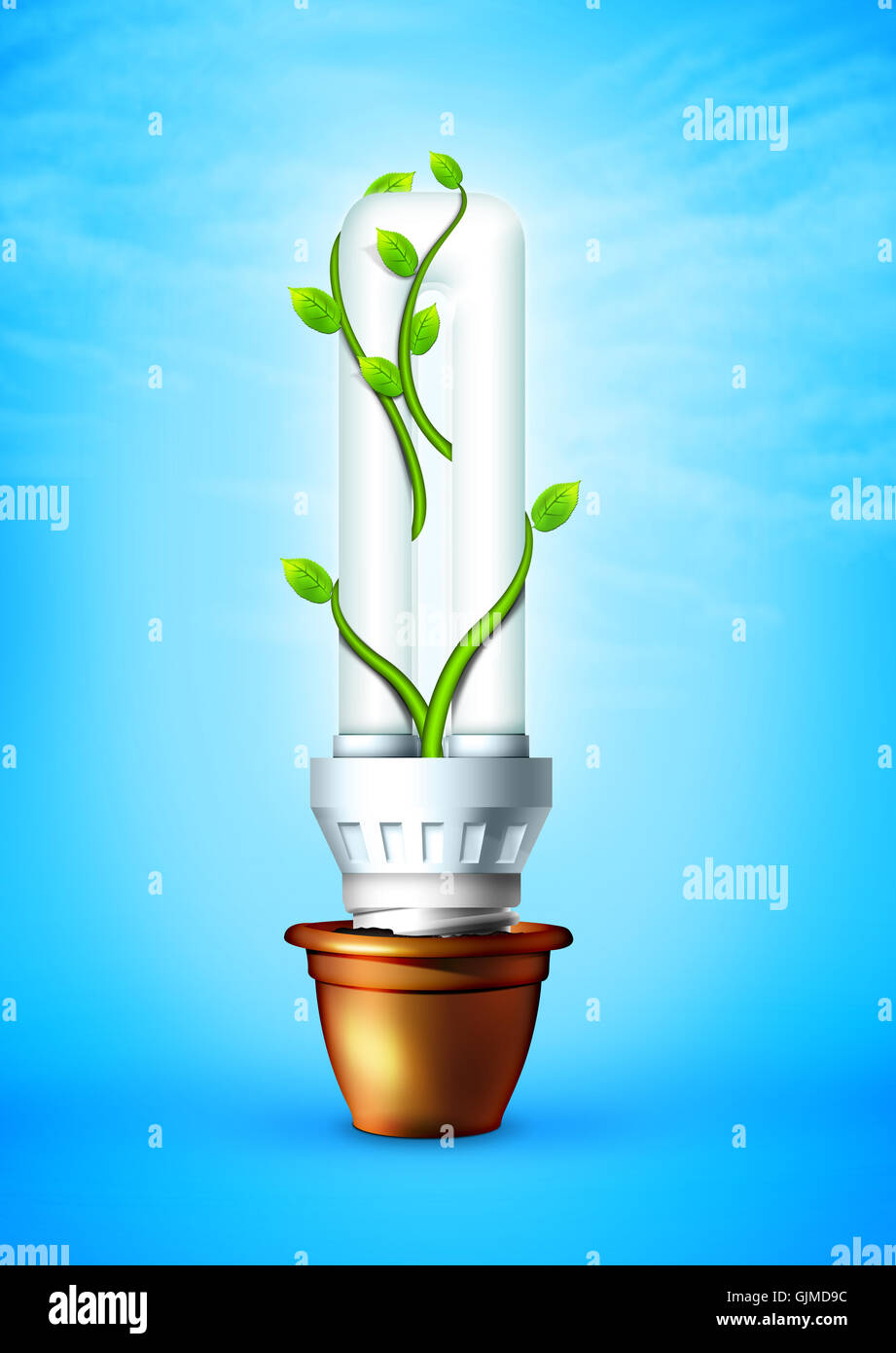 Leuchtende Glühbirne mit Pflanze Stockfoto