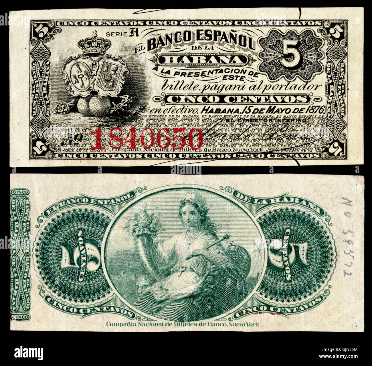 CUB 29c El Banco Español De La Habana 5 Centavos (1876) Stockfoto