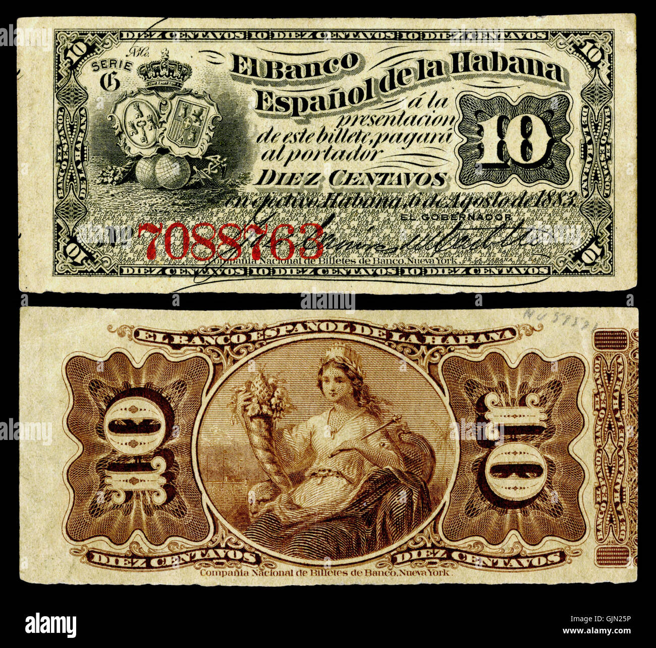 CUB 30D El Banco Español De La Habana 10 Centavos (1883) Stockfoto