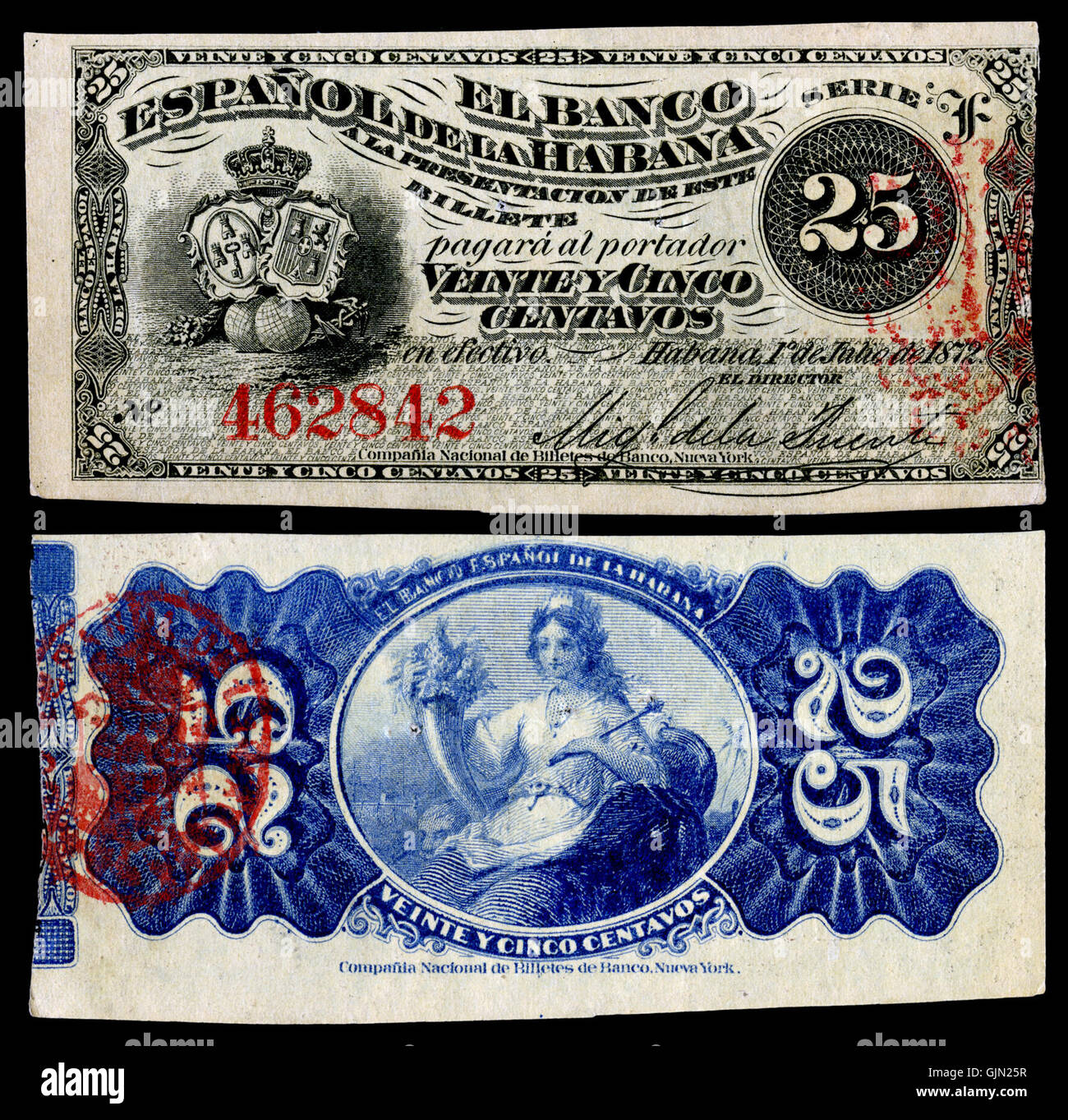 CUB 31a El Banco Español De La Habana 25 Centavos (1872) Stockfoto