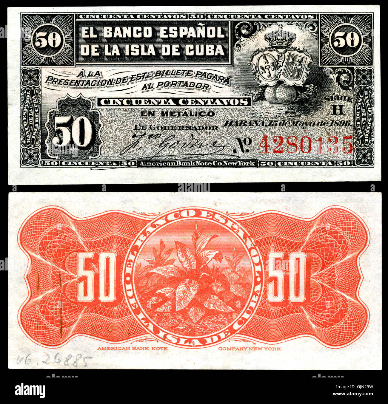 CUB 46a El Banco Espanol De La Isla de Cuba 50 Centavos (1896) Stockfoto