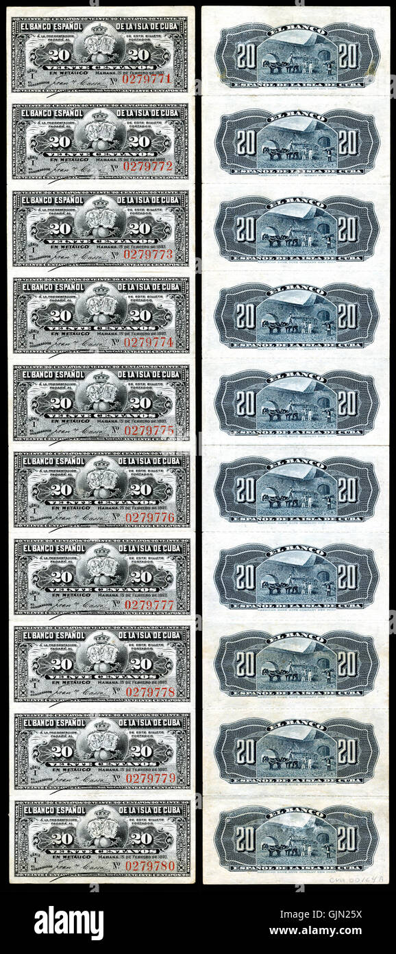 CUB 53a El Banco Espanol De La Isla de Cuba 20 Centavos (1897) Stockfoto