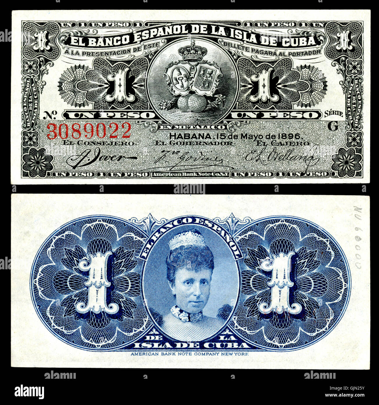 CUB 47a El Banco Espanol De La Isla de Cuba Peso (1896) Stockfoto