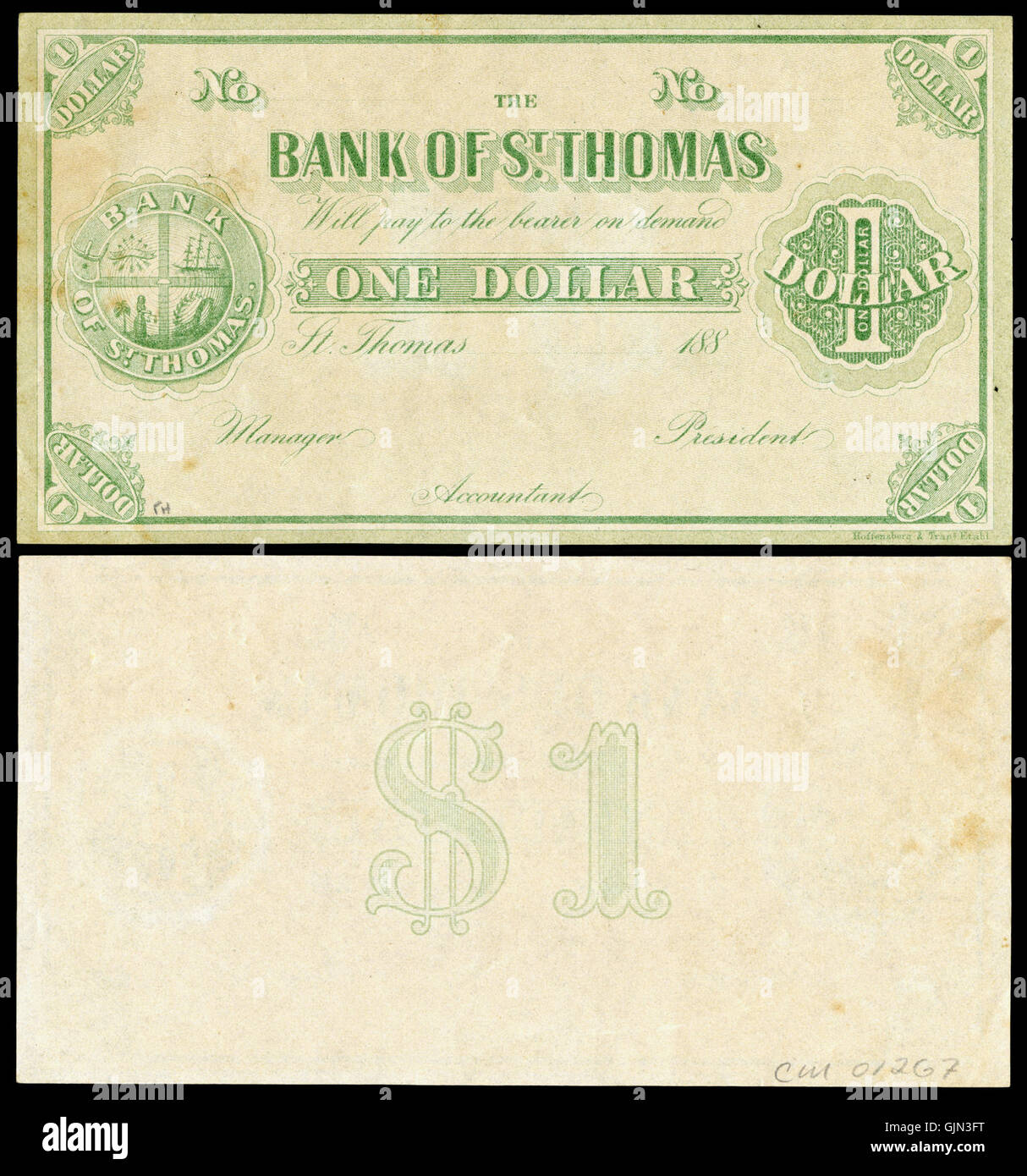 Eine 1-Dollar-Banknote von den dänischen Westindischen Inseln, die 1889 ausgegeben wurde und die in den dänischen Karibikkolonien verwendete Währung darstellt. Stockfoto