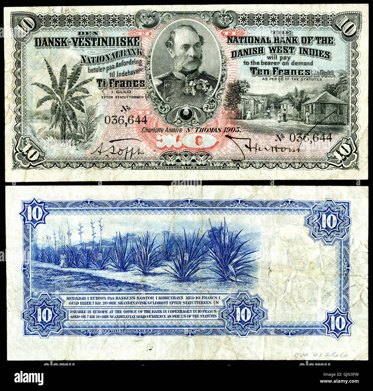 Diese 1905 für die dänischen Westindischen Inseln ausgegebene Münze hat einen Nennwert von 10 Franken und wurde für den Einsatz in St. Thomas geprägt. Die Münze stellt einen Teil des Währungssystems dar, das in den karibischen Gebieten unter dänischer Kontrolle während des frühen 20. Jahrhunderts verwendet wurde. Stockfoto