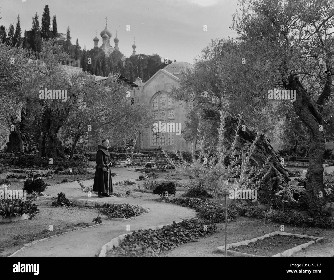 Das Bild zeigt einen Mönch im Garten Gethsemane und symbolisiert Momente der Kontemplation und des Gebets. Der Garten Gethsemane ist ein bedeutender Ort in der christlichen Tradition, bekannt für seine Verbindung mit den letzten Momenten Jesu Christi vor seiner Kreuzigung. Stockfoto
