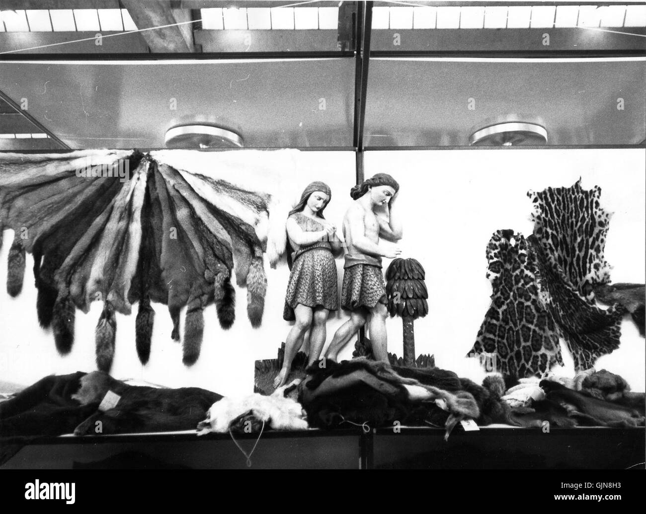 Auf der Internationalen Pelzmesse 1973 in Frankfurt am Main stand der deutschen Pelzveredlung Murrhardter Pelzveredlung. Bei dieser Veranstaltung wurden die neuesten Trends in der Pelzmode und -Technologie in der Pelzindustrie vorgestellt. Aussteller aus aller Welt präsentierten ihre Produkte und Innovationen. Stockfoto