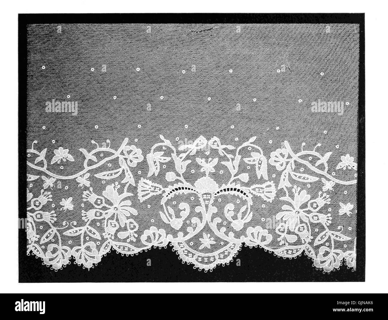 Dieses Stück erforscht den Ursprung und die Geschichte der Spitze und konzentriert sich auf echte irische Appliqué-Spitze. Die komplizierten Details der Schnürung verdeutlichen die kulturelle Bedeutung der irischen Handwerkskunst und heben sowohl die technische Präzision als auch den ästhetischen Wert hervor. Das Stück zelebriert die traditionelle Kunstform, die über Generationen weitergegeben wurde. Stockfoto