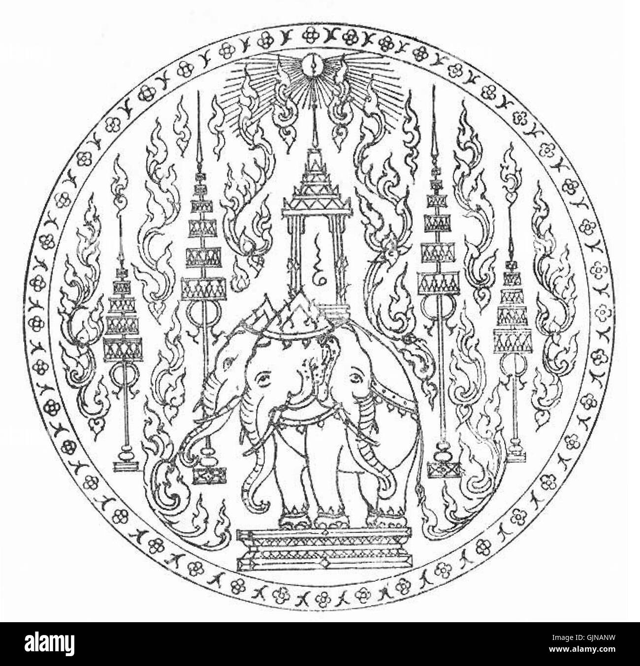 Dieses Bild mit dem Titel *Lanchakon 011* ist wahrscheinlich eine Darstellung einer traditionellen oder regionalen Szene, die möglicherweise ein kulturelles oder ländliches Leben darstellt. Das Kunstwerk bietet möglicherweise einen Einblick in historische Traditionen oder lokale Bräuche. Stockfoto