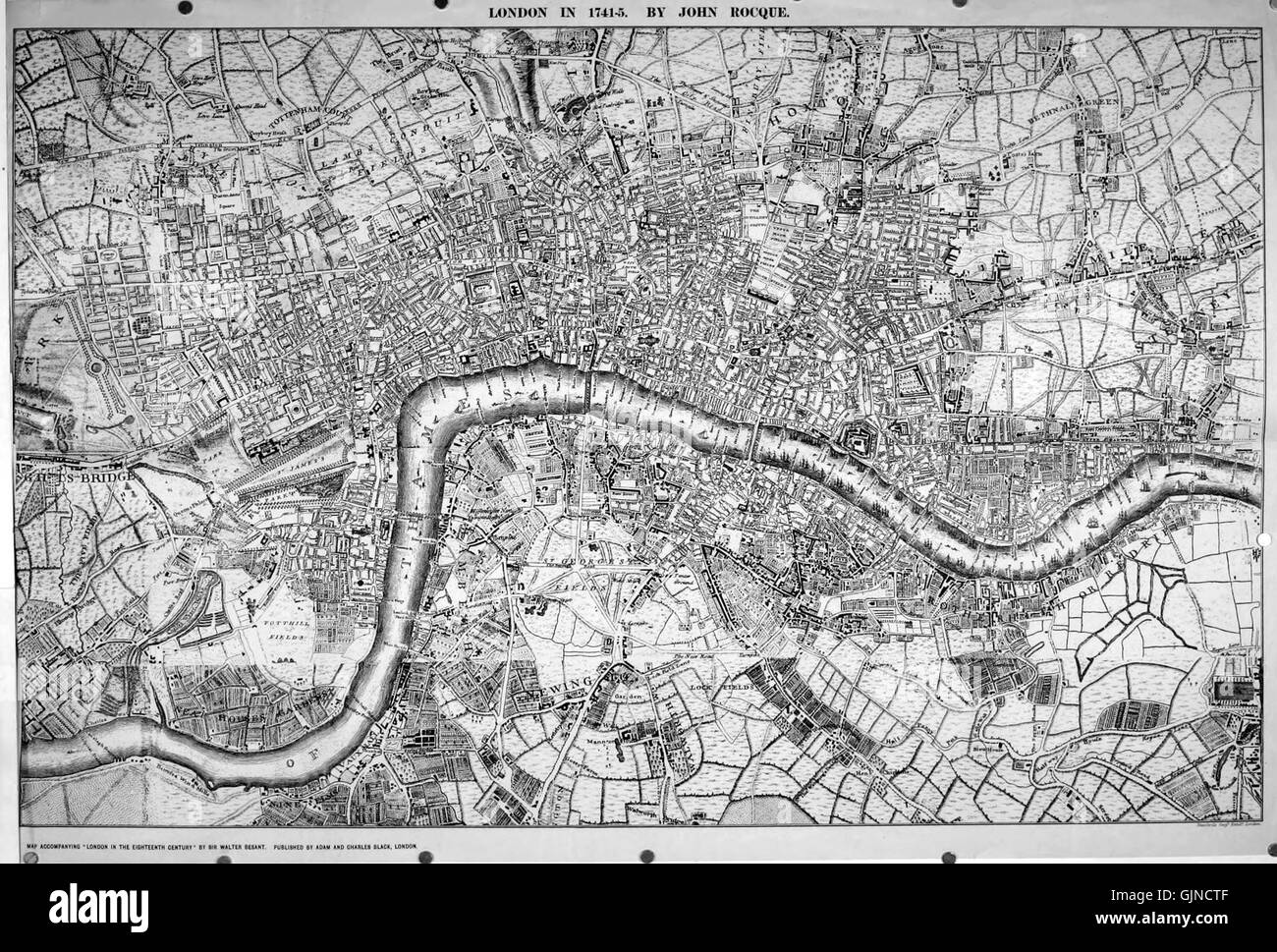 Karten von Old London, insbesondere die von John Rocque, sind wichtige historische Dokumente. Diese Karten stammen aus dem 18. Jahrhundert und bieten detaillierte Darstellungen des Londoner Grundrisses während dieser Zeit. Stockfoto