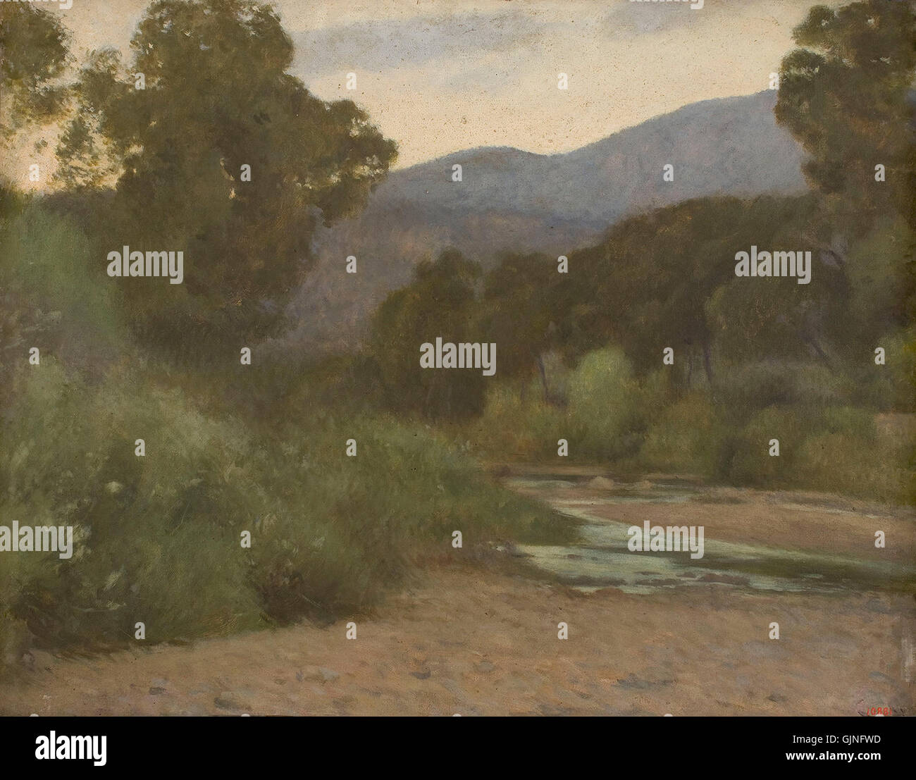 *Paisatge* von Joan Brull i Vinyoles, einem spanischen Maler aus dem 19. Bis 20. Jahrhundert, der für seine Beiträge zur Landschaftsmalerei in katalanischer Kunst bekannt ist. Das Werk zeigt natürliche Landschaften und regionale Landschaften. Stockfoto