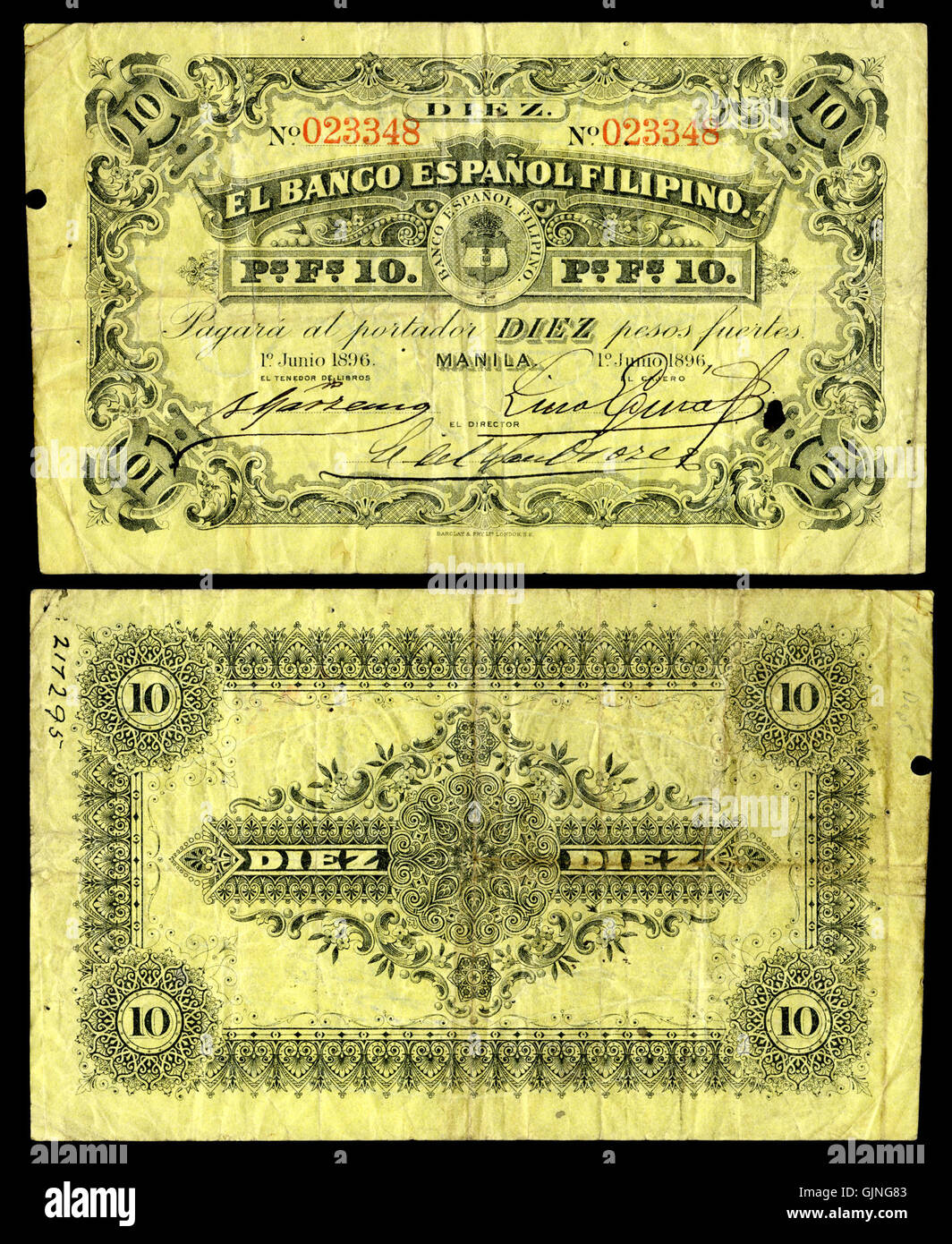 PHI A8 El Banco Español Filipino 10 Pesos (1896) Stockfoto