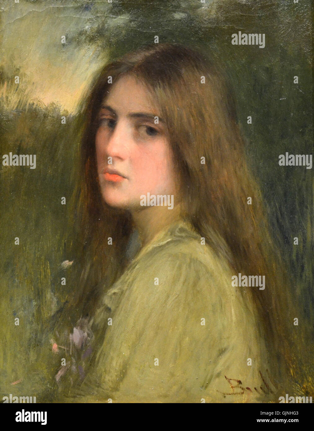 Ein Porträt von Joan Brull i Vinyoles (1863–1912), einem katalanischen Künstler, der für seine Beiträge zur Kunstwelt im späten 19. Und frühen 20. Jahrhundert bekannt ist. Das Porträt zeigt seinen Stil und Einfluss. Stockfoto