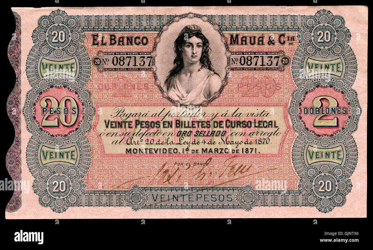 URU S292 El Banco Maua & Cia 20 Pesos (1871, Uniface) Stockfoto