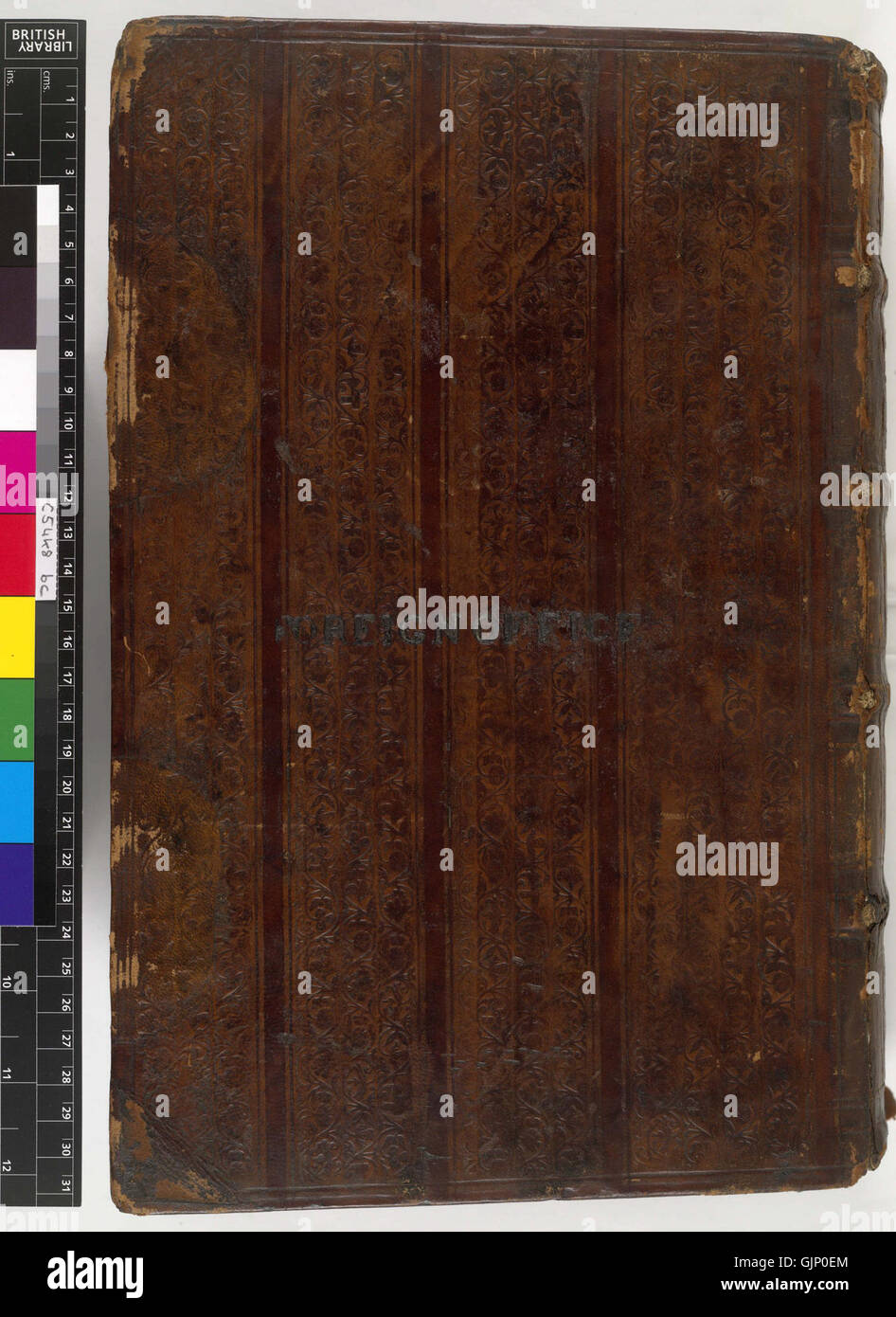 Ein Dokument oder Artefakt mit dem unteren Titelabschnitt, möglicherweise aus einem Buch, Manuskript oder Brief mit Katalogisierungsinformationen. Stockfoto