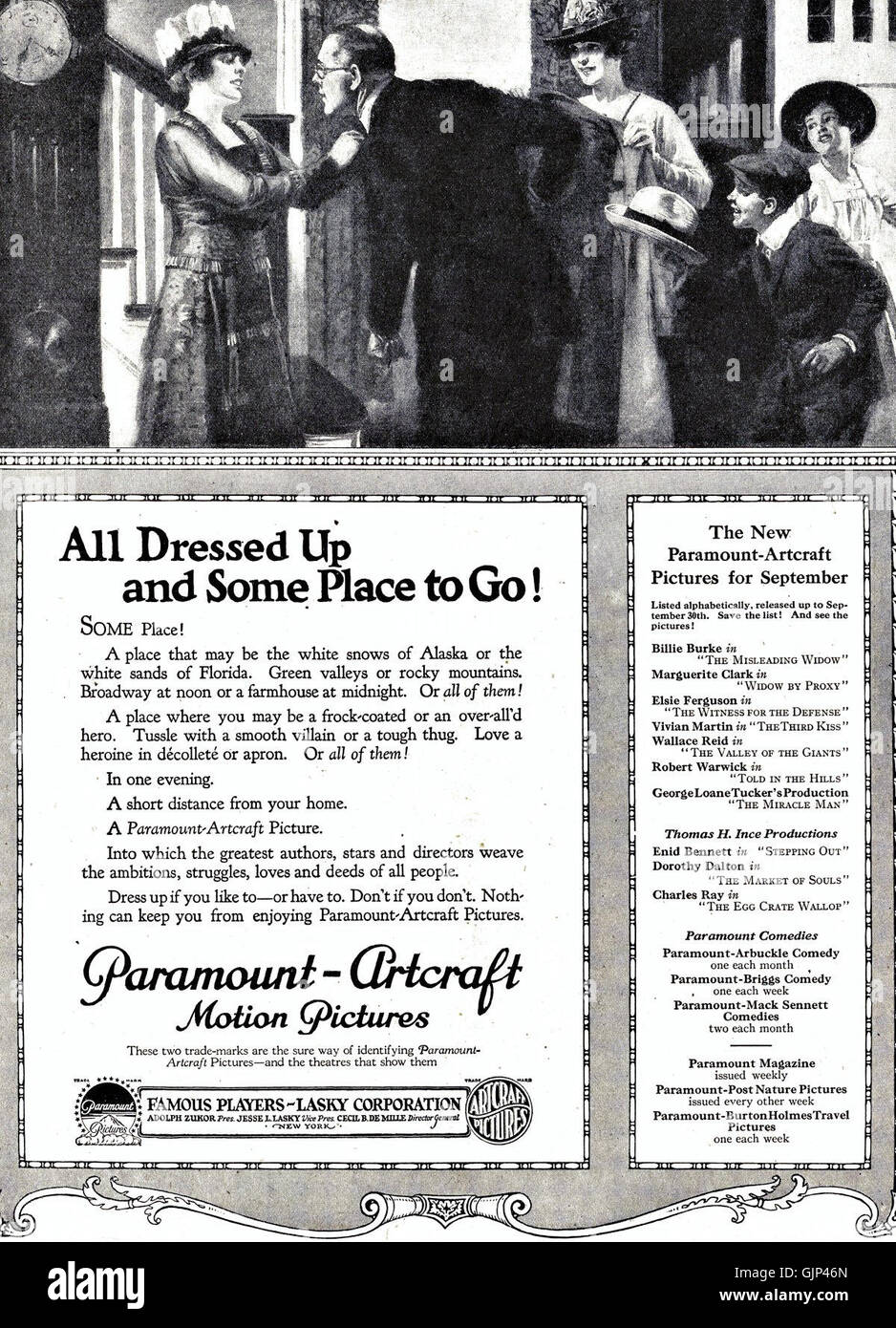 Dieser Werbespot für Paramount Artcraft Movies aus dem Jahr 1919 hebt das goldene Zeitalter des Kinos hervor, wirbt für die neuesten Filme und zeigt die Begeisterung um die aufkeimende Filmindustrie. Stockfoto