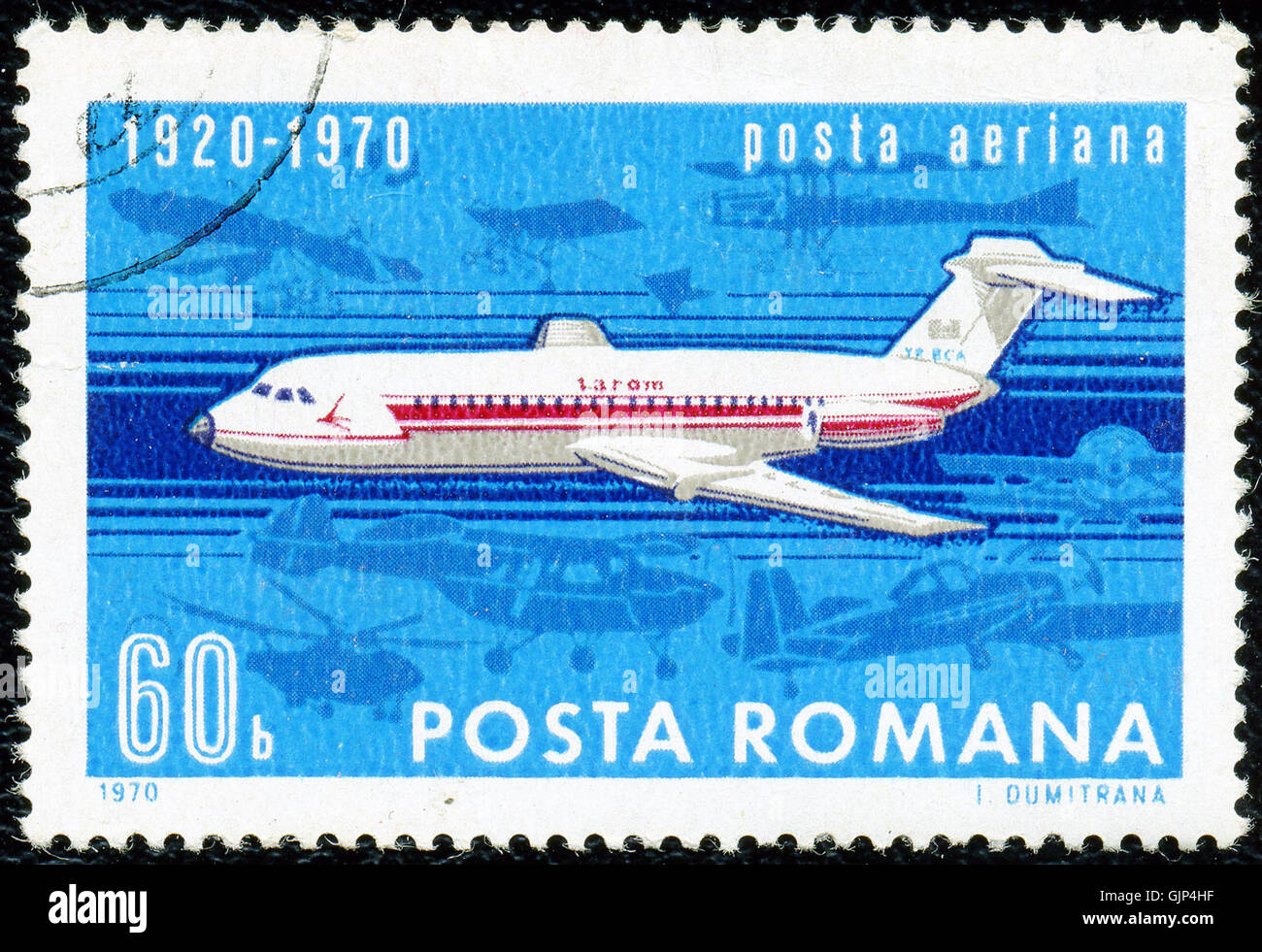 Diese *Posta aeriana* Marke aus dem Jahr 1970 erinnert an die Luftpostdienste im Jahr 1920 und spiegelt die Geschichte der Luftpost und die Entwicklung des Luftverkehrs für globale Kommunikation und Logistik wider. Stockfoto